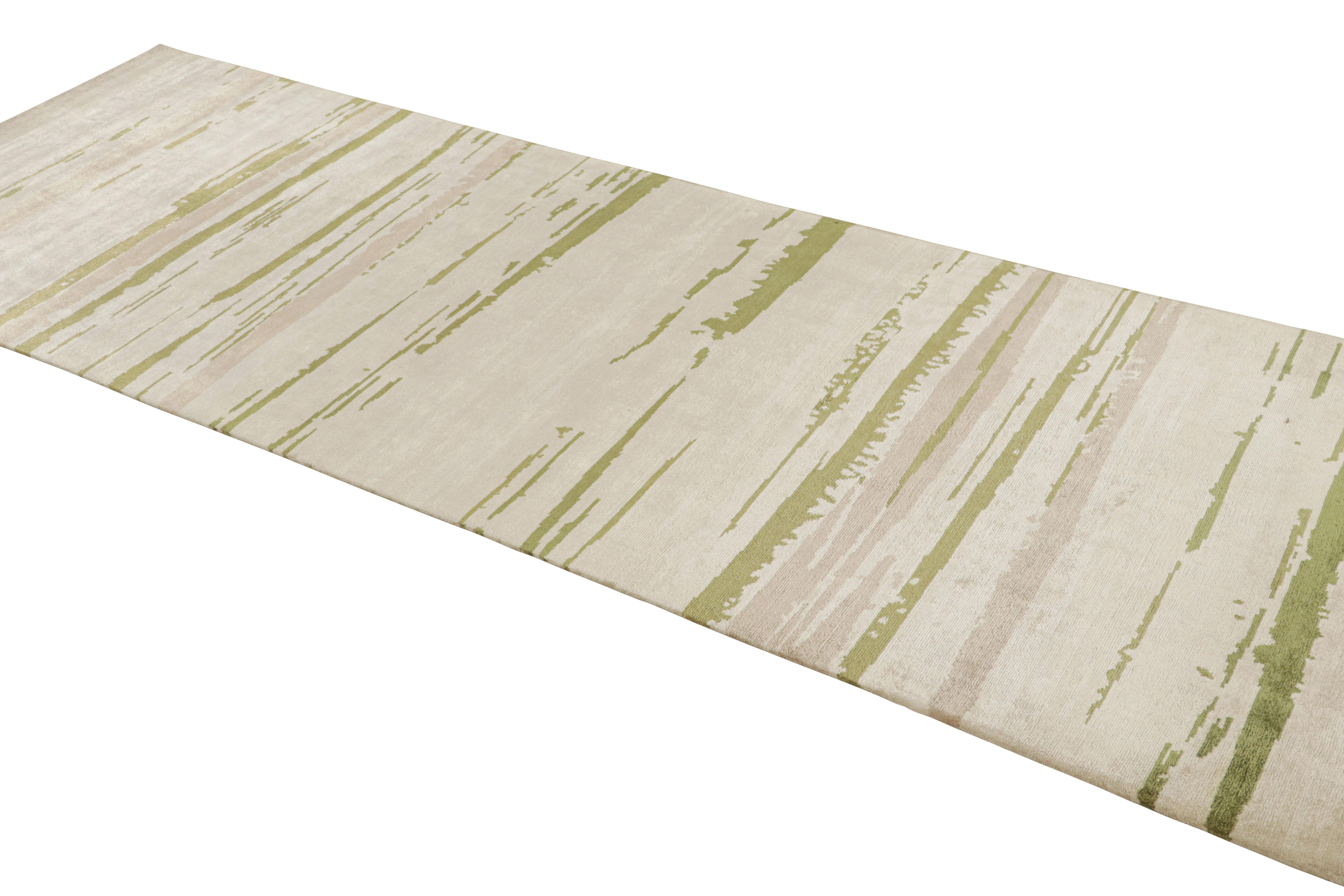 Nepalese Rug & Kilim’s Modern Abstract Runner Rug With Beige, Pink and Green Patterns For Sale