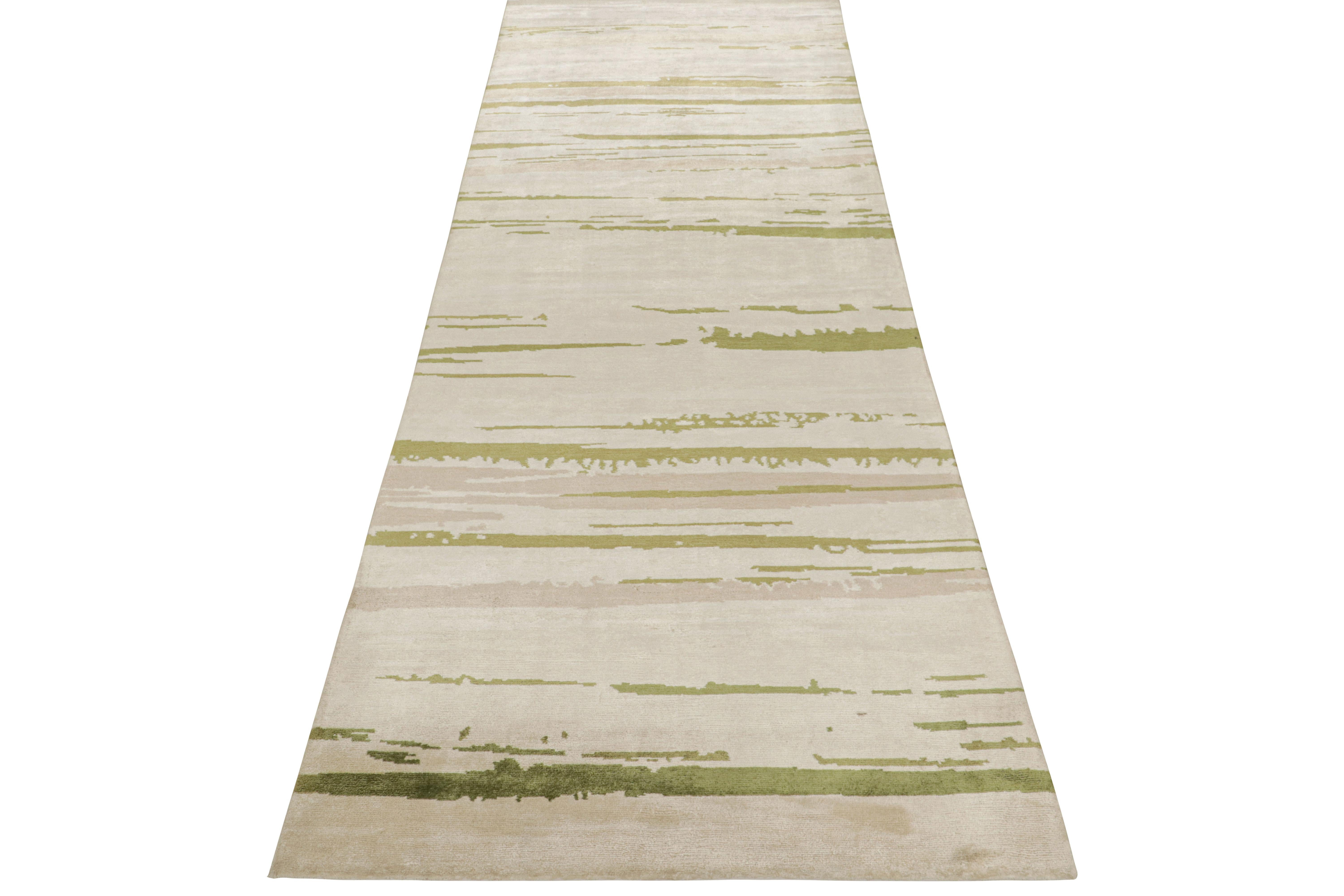 Hand-Knotted Rug & Kilim’s Modern Abstract Runner Rug With Beige, Pink and Green Patterns For Sale