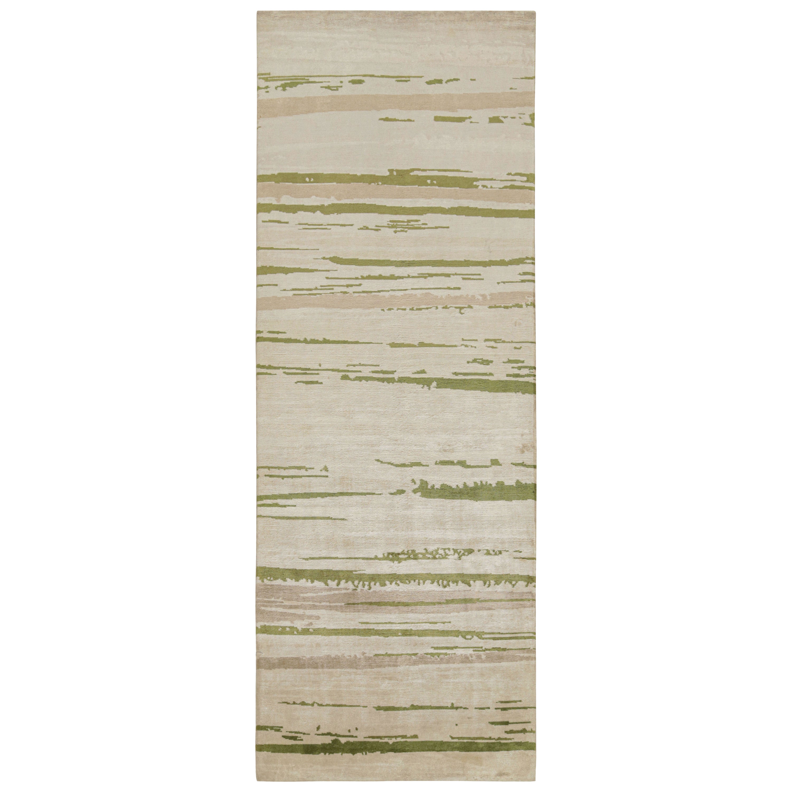 Rug & Kilim’s Modern Abstract Runner Rug With Beige, Pink and Green Patterns For Sale