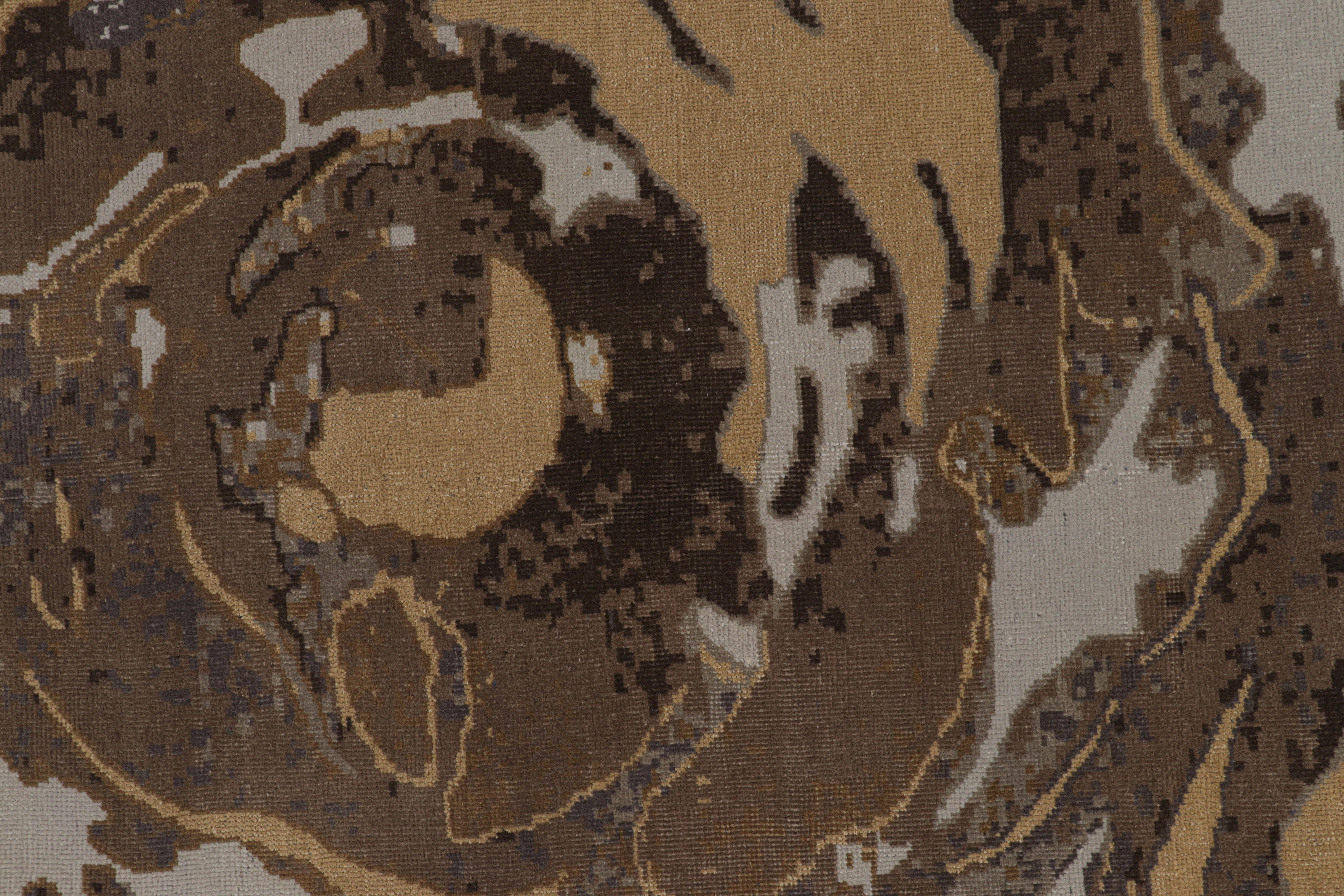 Indian Rug & Kilim’s Modern Art Deco Cream Beige and Brown Wool and Silk Floral Rug For Sale