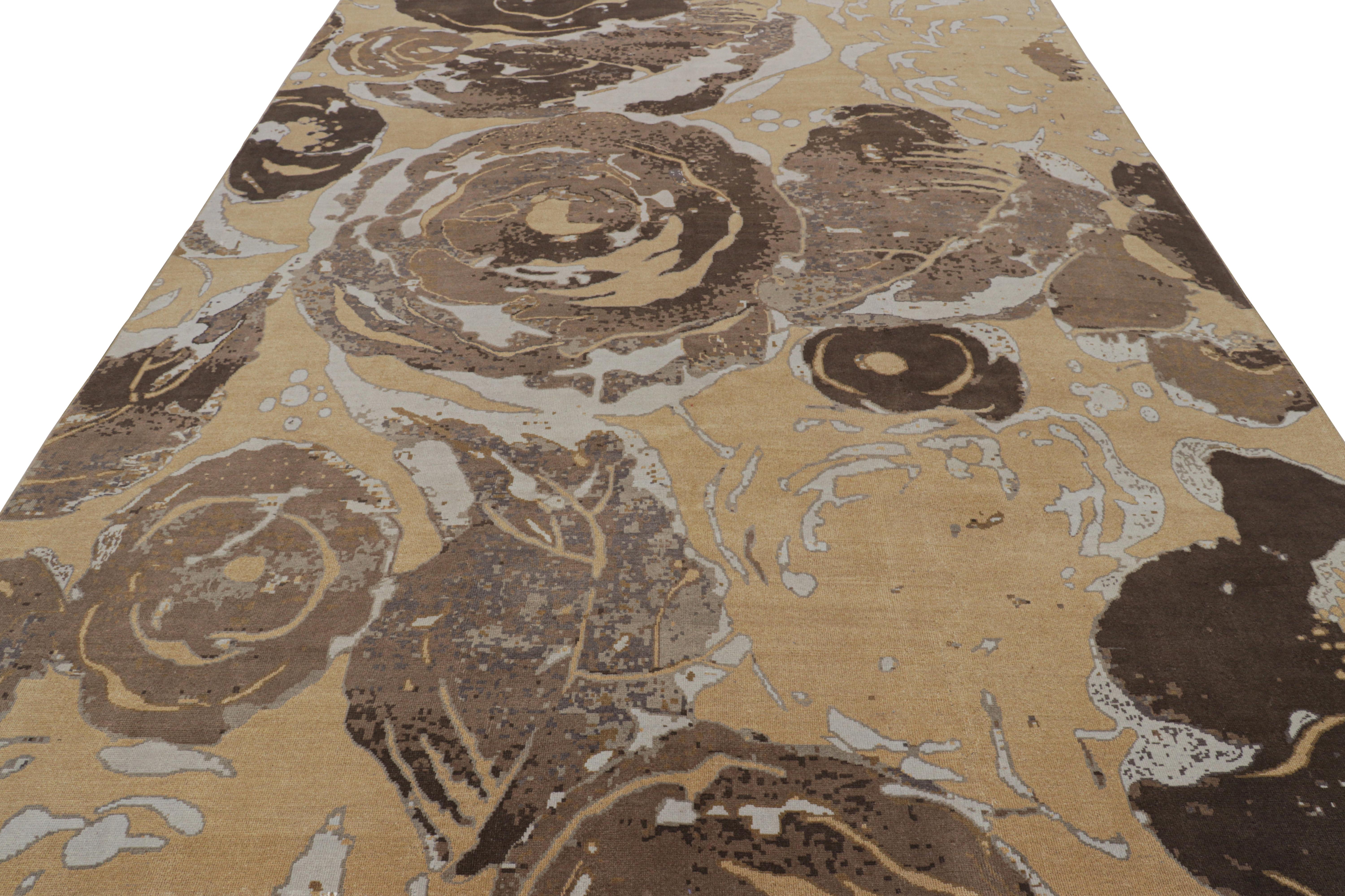 Rug & Kilim’s Modern Art Deco Cream Beige and Brown Wool and Silk Floral Rug In New Condition For Sale In Long Island City, NY