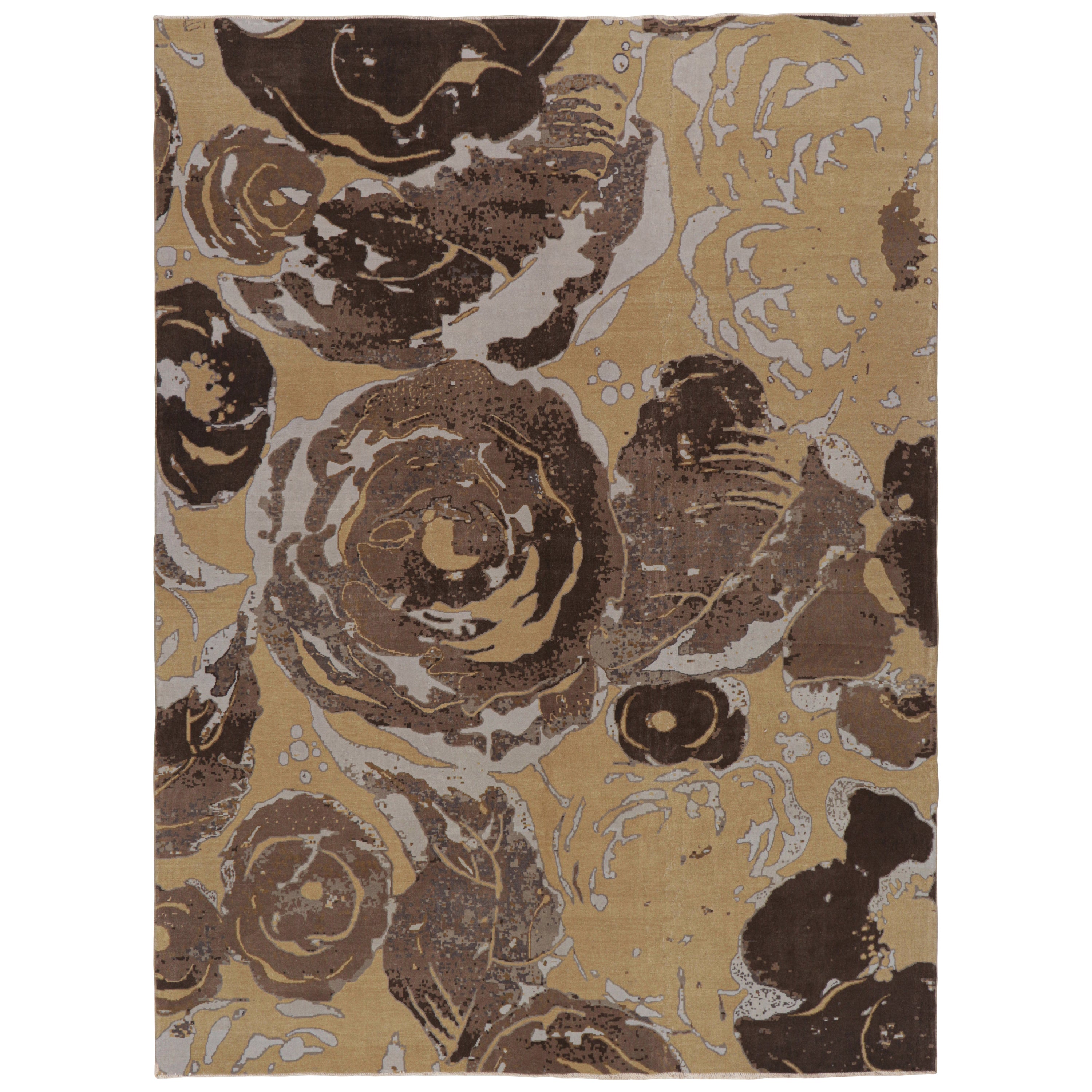 Rug & Kilim's Modern Art Deco Cream Beige and Brown Wool and Silk Floral Rugs en vente