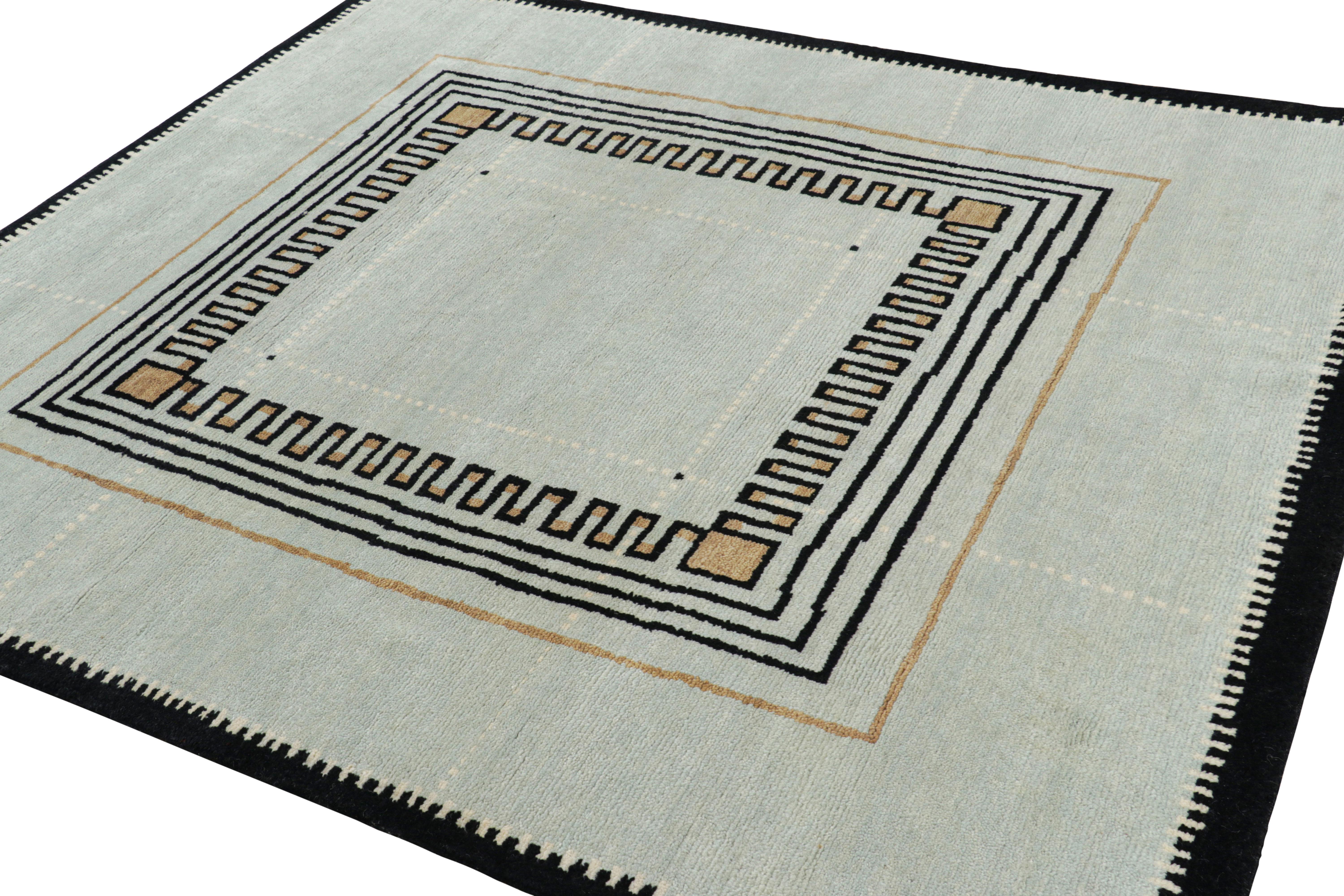 Noué à la main Rug & Kilim's Modern Art Deco Style Rug, bleu et noir avec motifs géométriques en vente