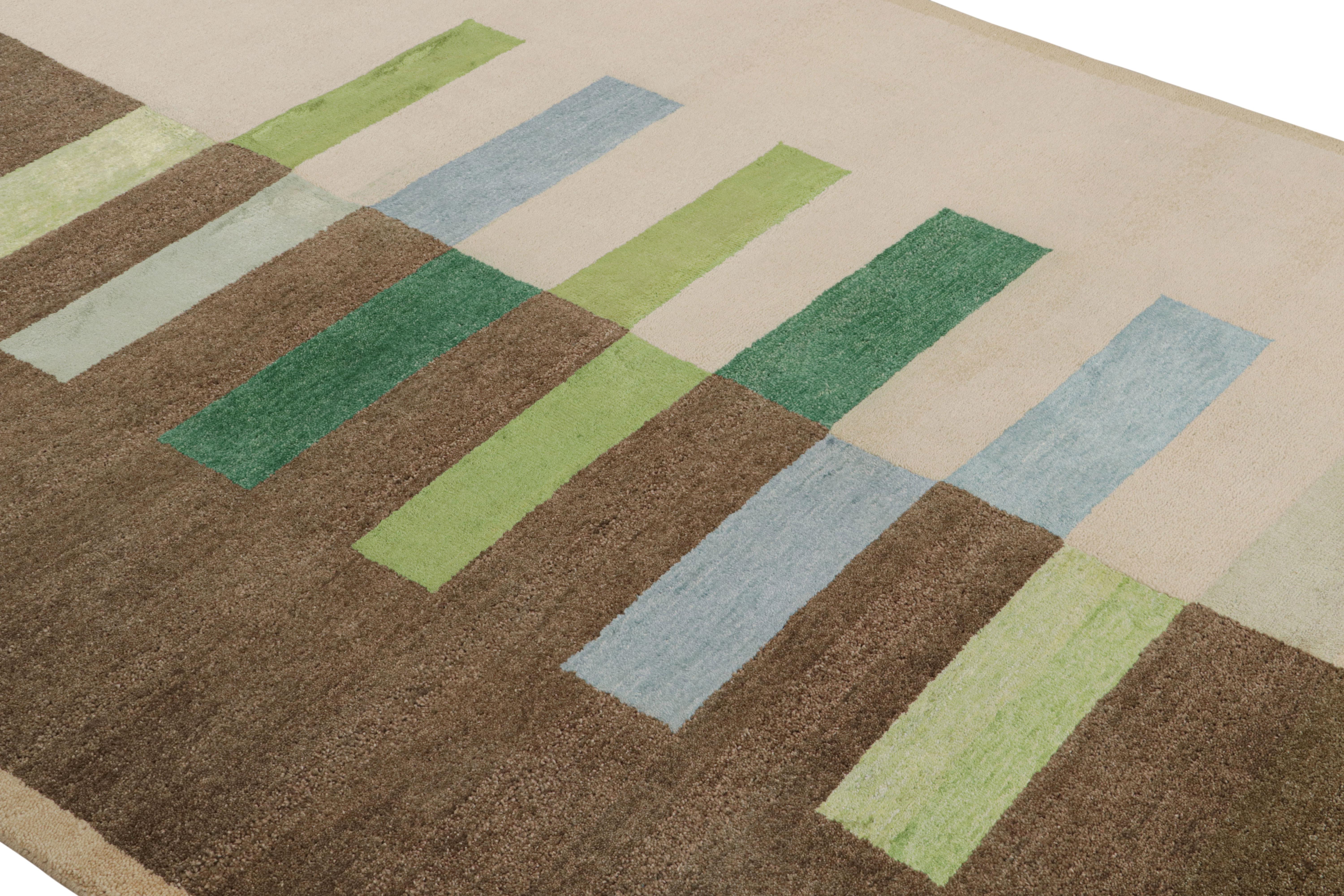 Ce tapis géométrique en laine et soie de la collection personnalisée mid-century modern de Rug & Kilim présente un design Bauhaus, avec une palette très neutre et une structure minimaliste. Noué à la main dans un épais velours de laine, le fond