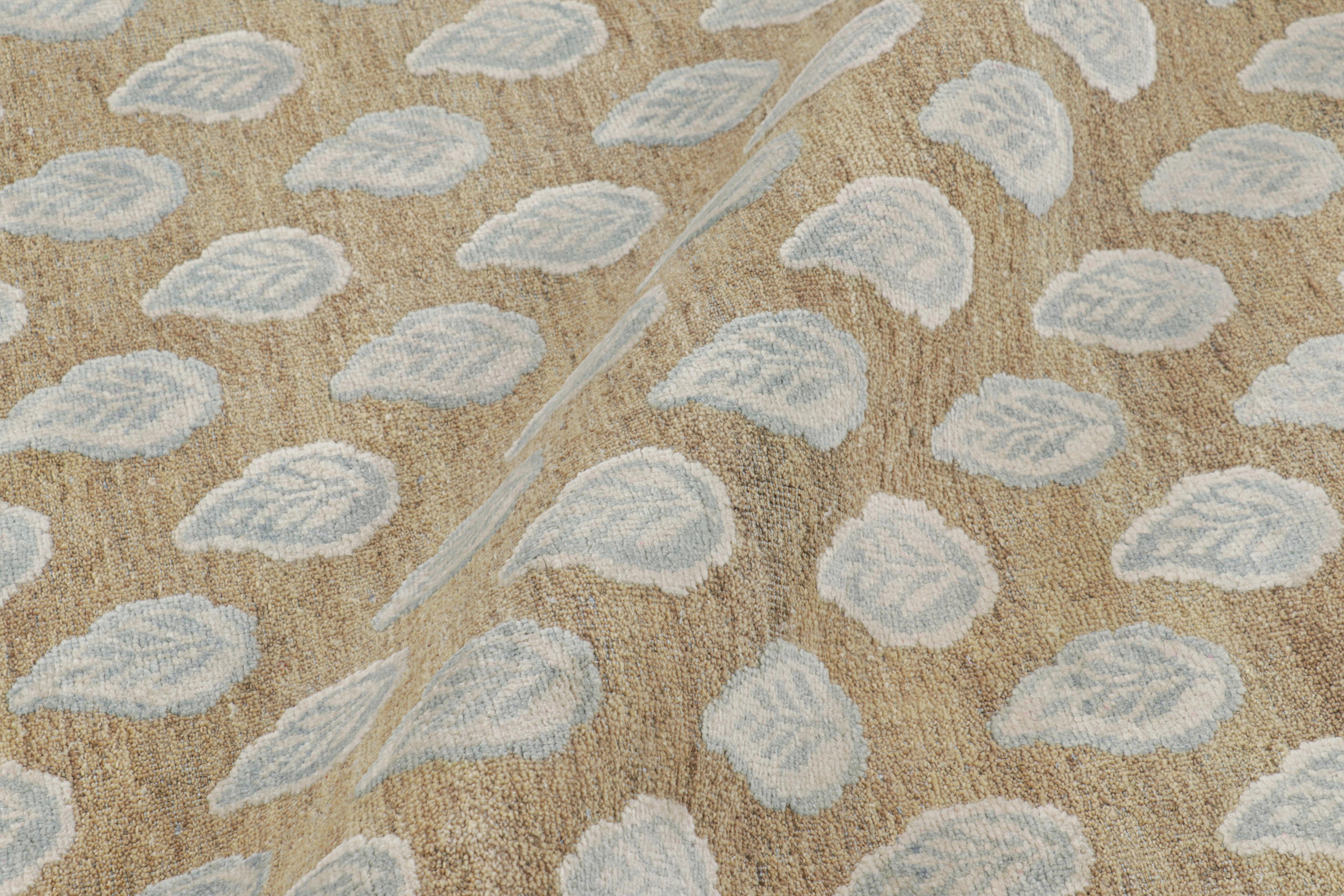 Indian Rug & Kilim’s Modern Block Print Rug in Beige with White and Blue Floral Pattern For Sale