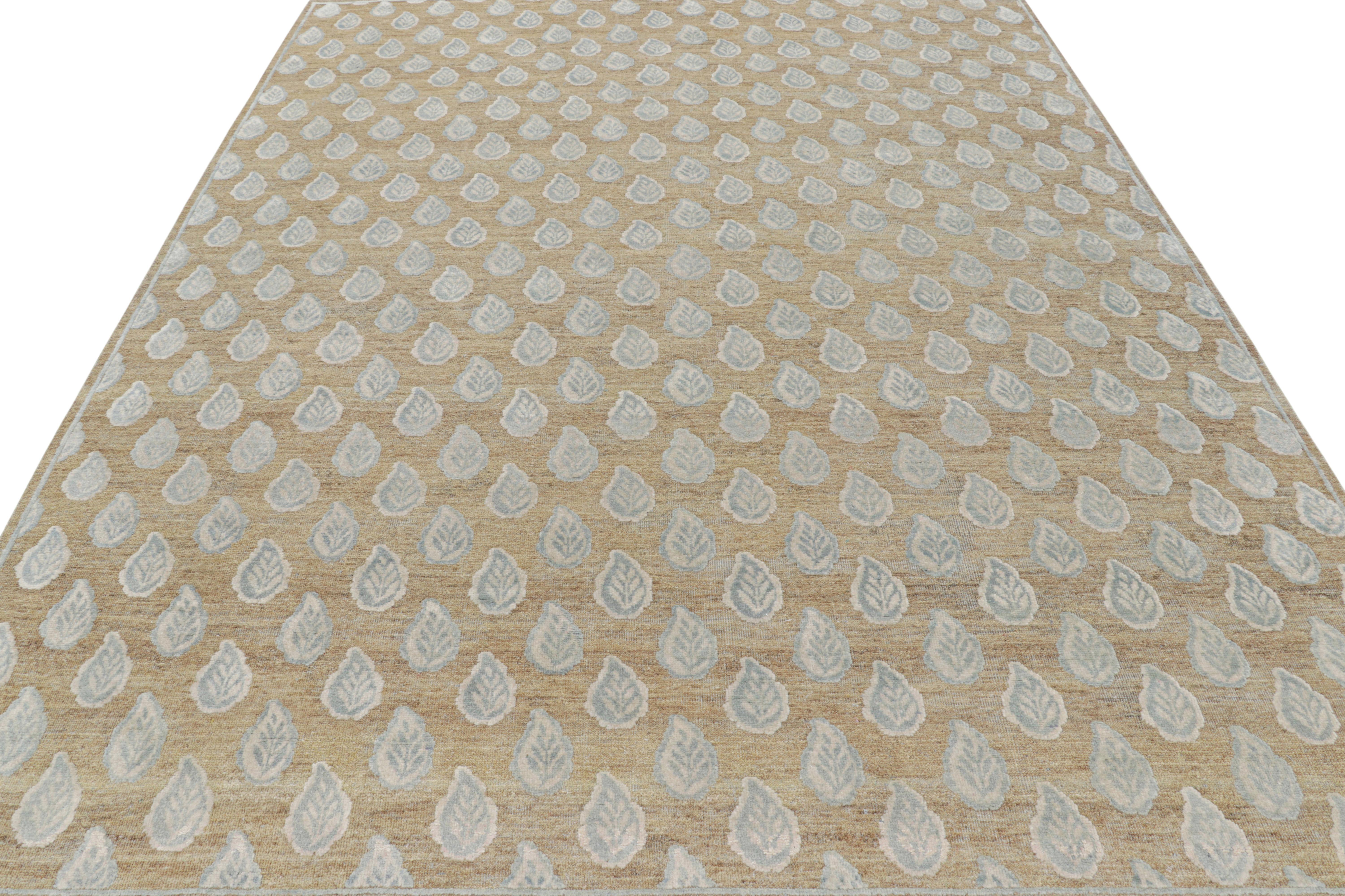 Hand-Knotted Rug & Kilim’s Modern Block Print Rug in Beige with White and Blue Floral Pattern For Sale