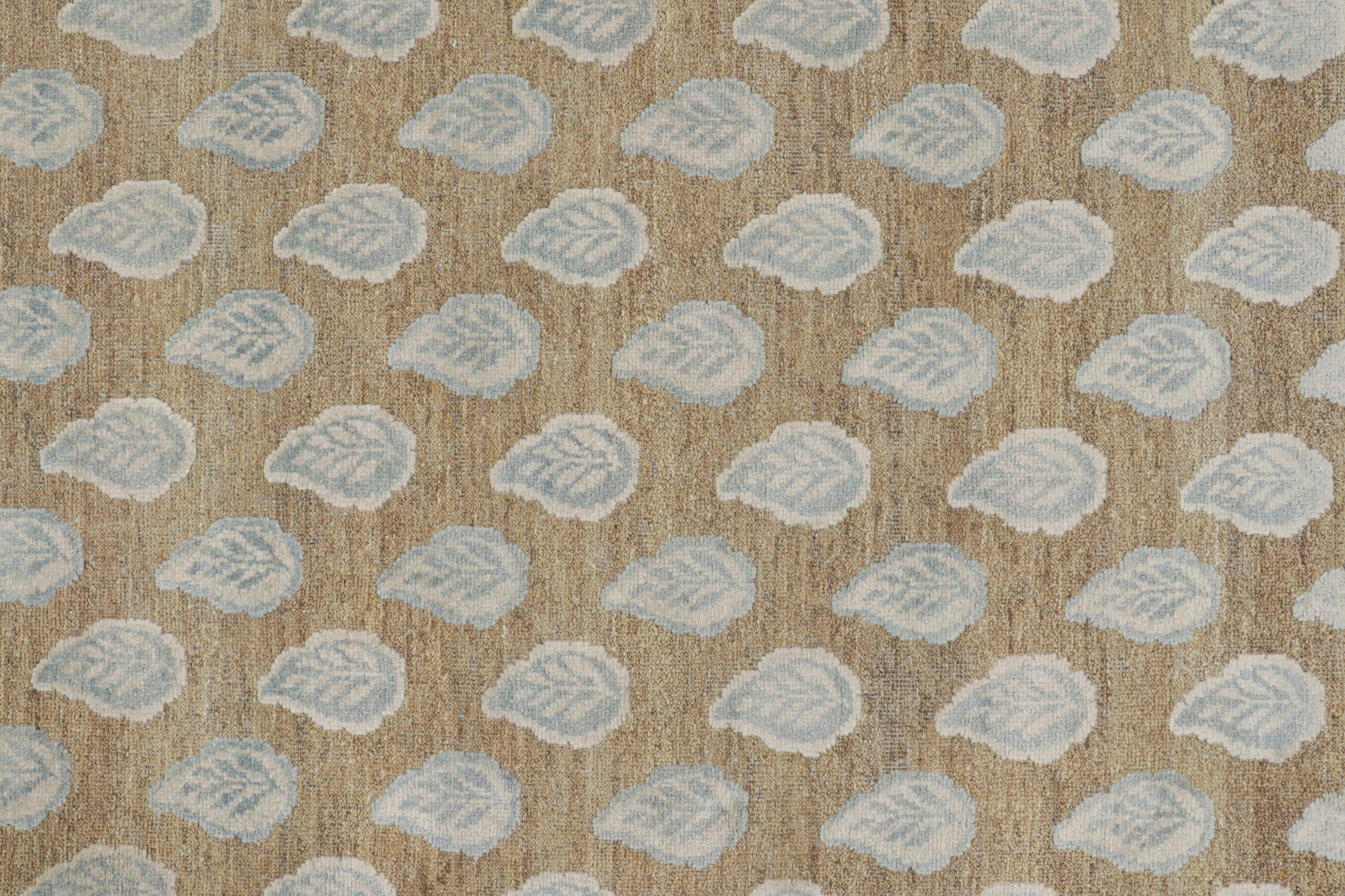 Contemporary Rug & Kilim’s Modern Block Print Rug in Beige with White and Blue Floral Pattern For Sale