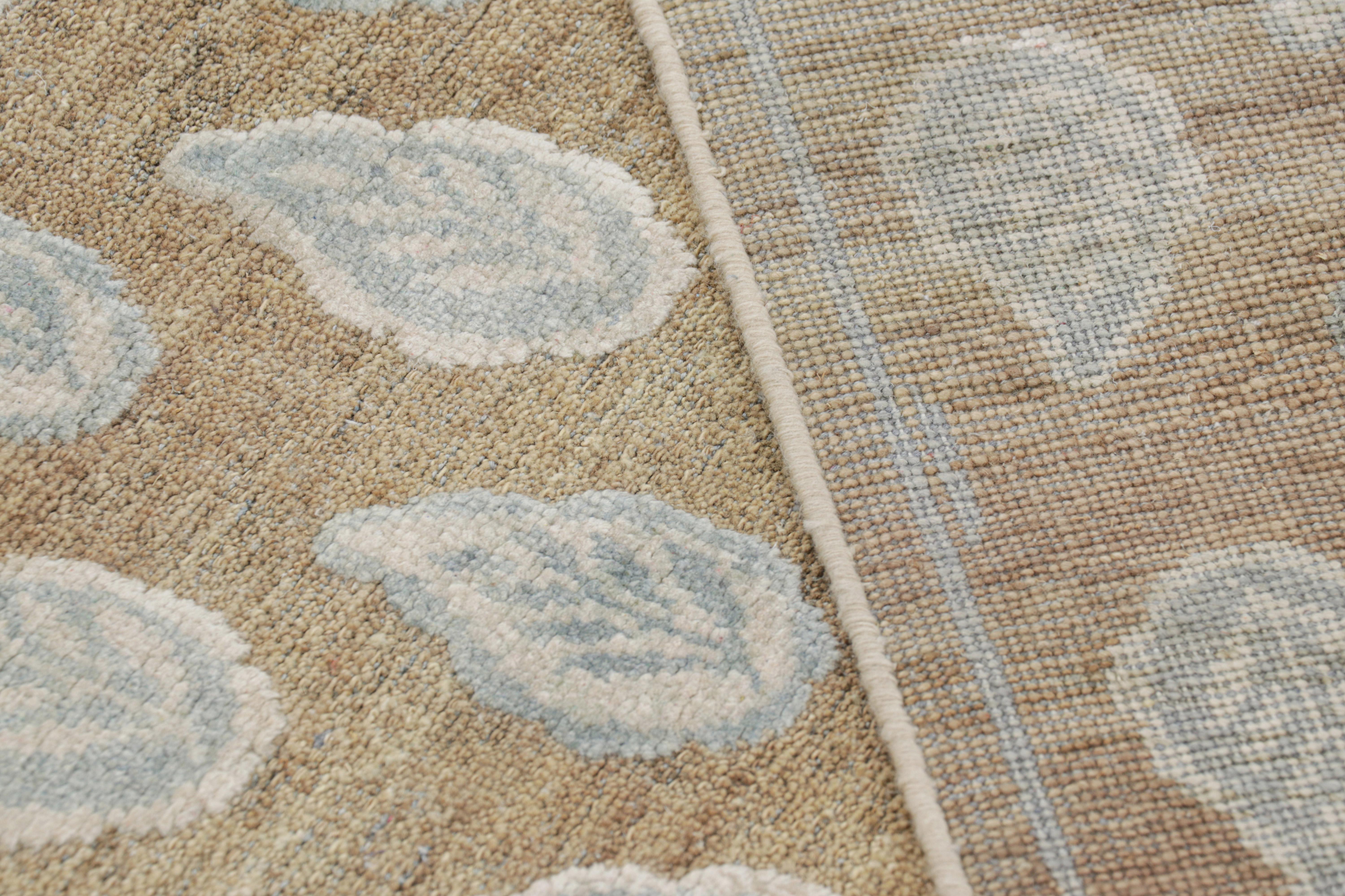 Wool Rug & Kilim’s Modern Block Print Rug in Beige with White and Blue Floral Pattern For Sale