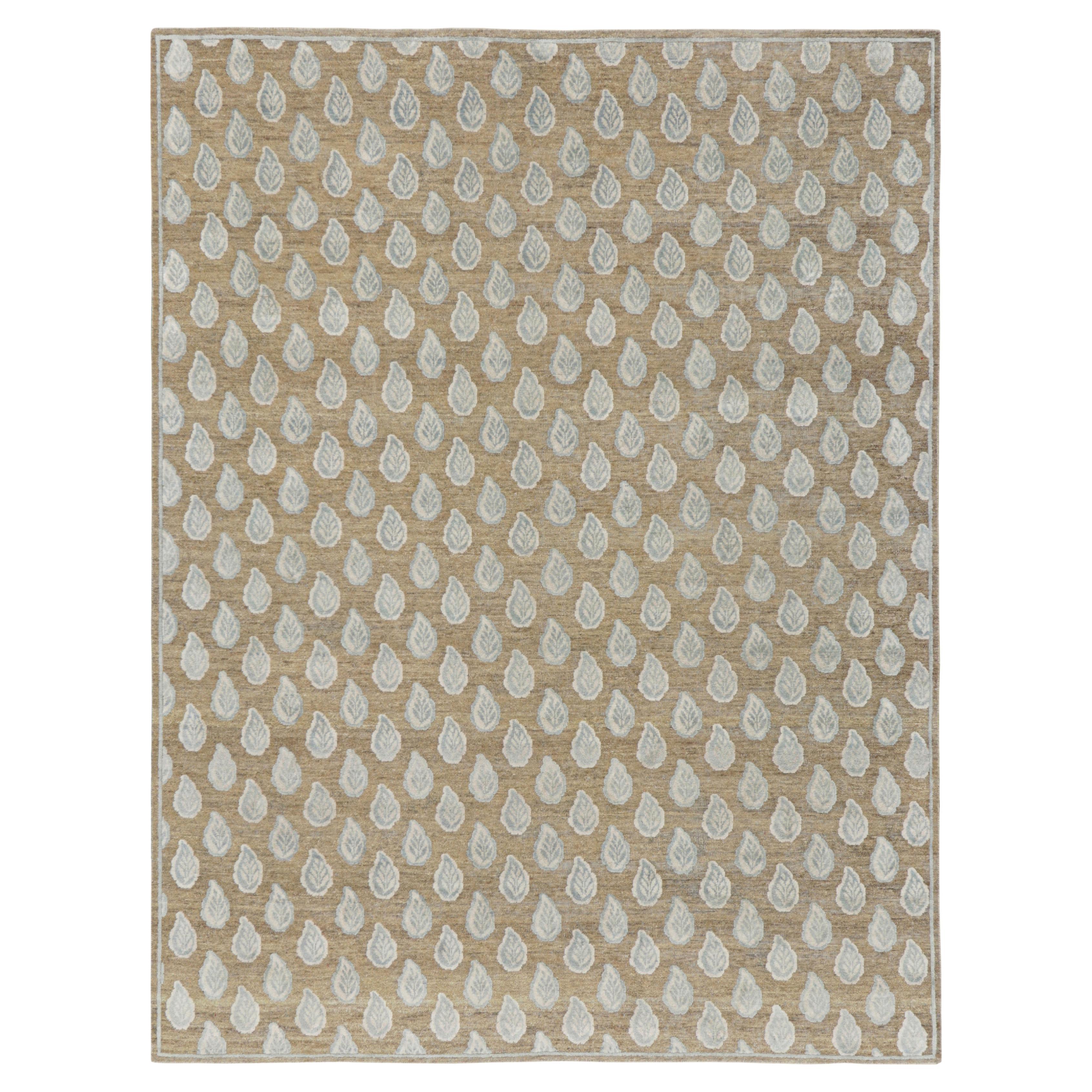 Rug & Kilim’s Modern Block Print Rug in Beige with White and Blue Floral Pattern