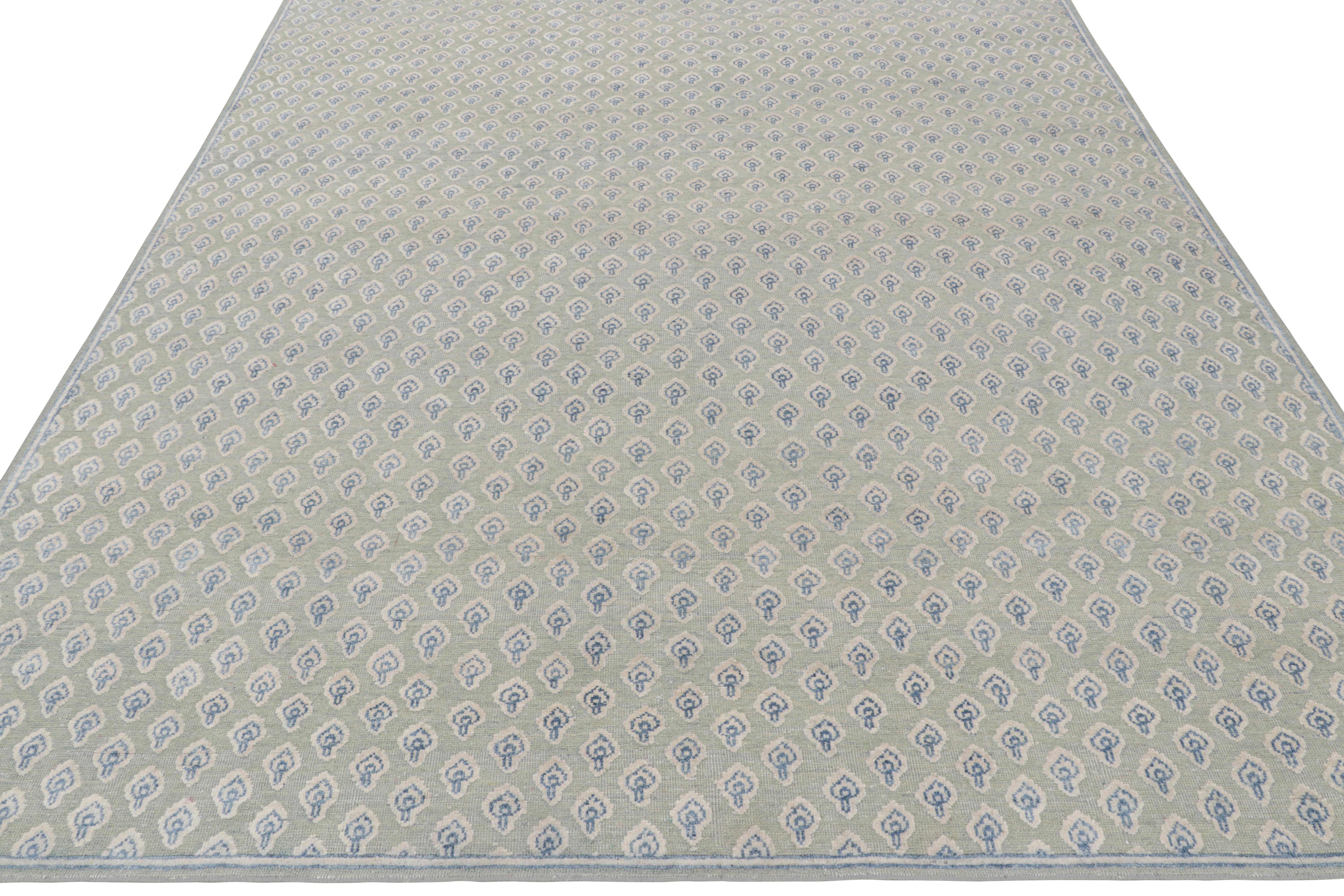 Hand-Knotted Rug & Kilim’s Modern Block Print Rug in Blue and White Floral Pattern For Sale
