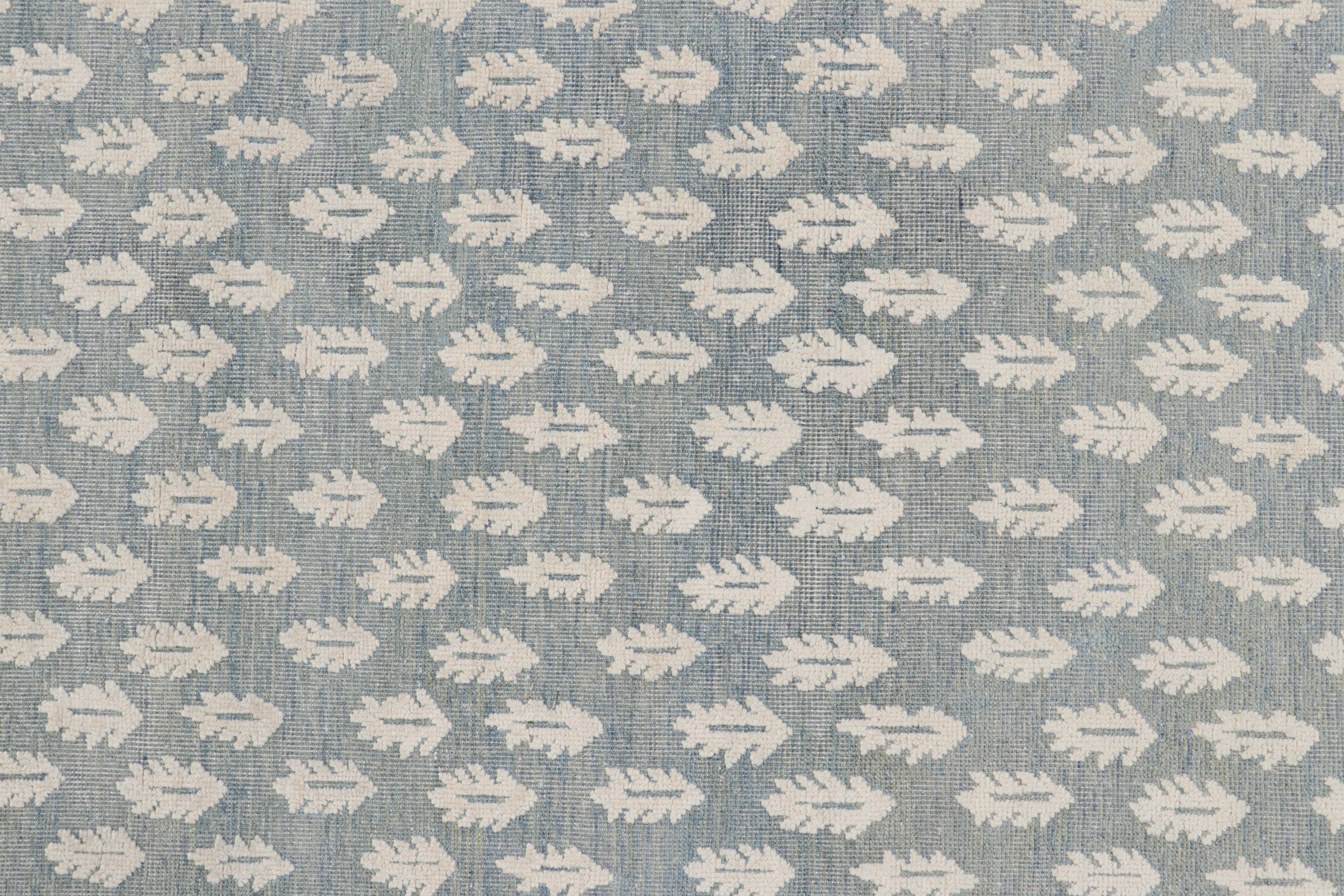 Wool Rug & Kilim’s Modern Block Print Rug in Blue with White Floral Pattern For Sale