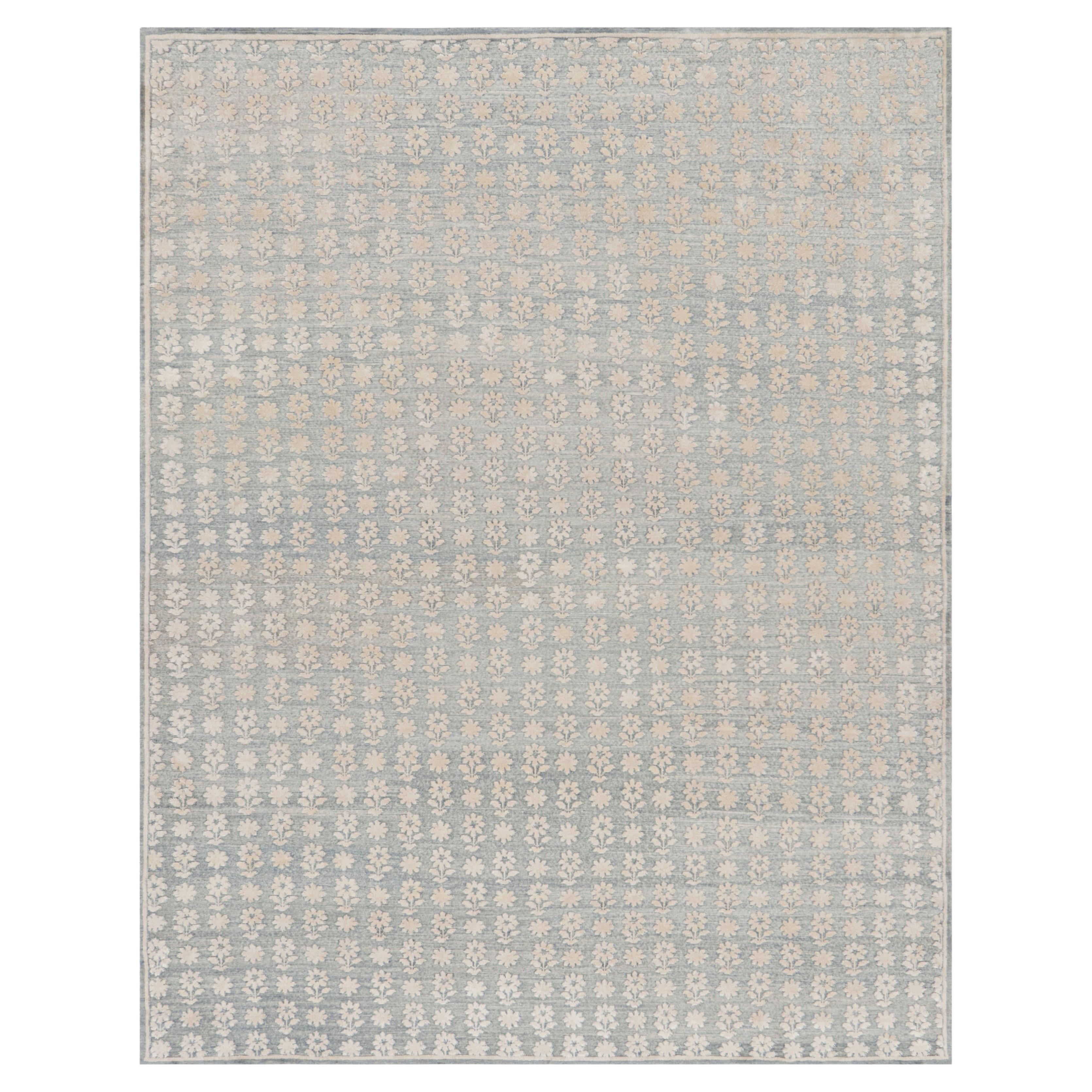 Rug & Kilim’s Modern Block Print Rug in Blue with White Floral Patterns