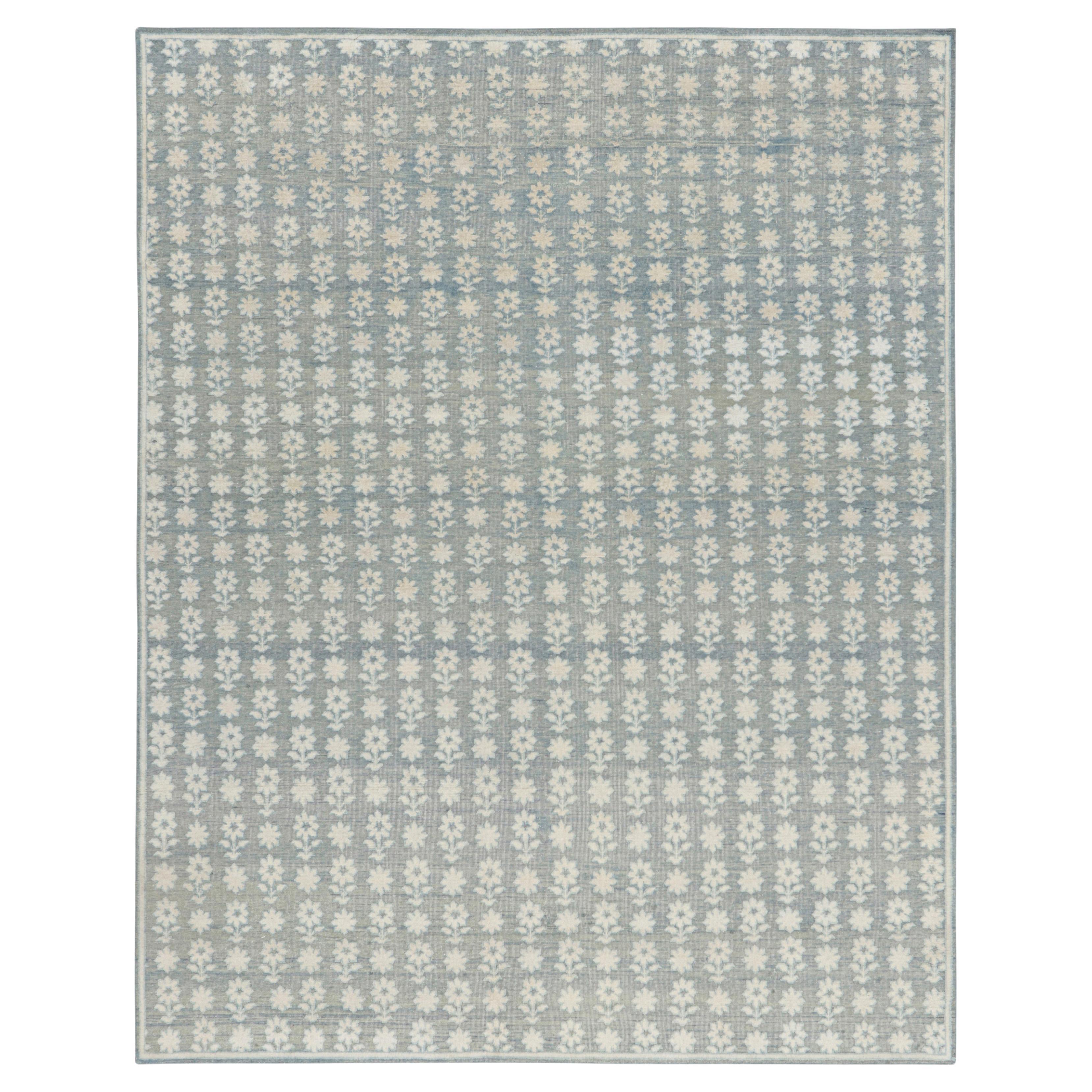 Rug & Kilim’s Modern Block Print Rug in Blue with White Floral Patterns