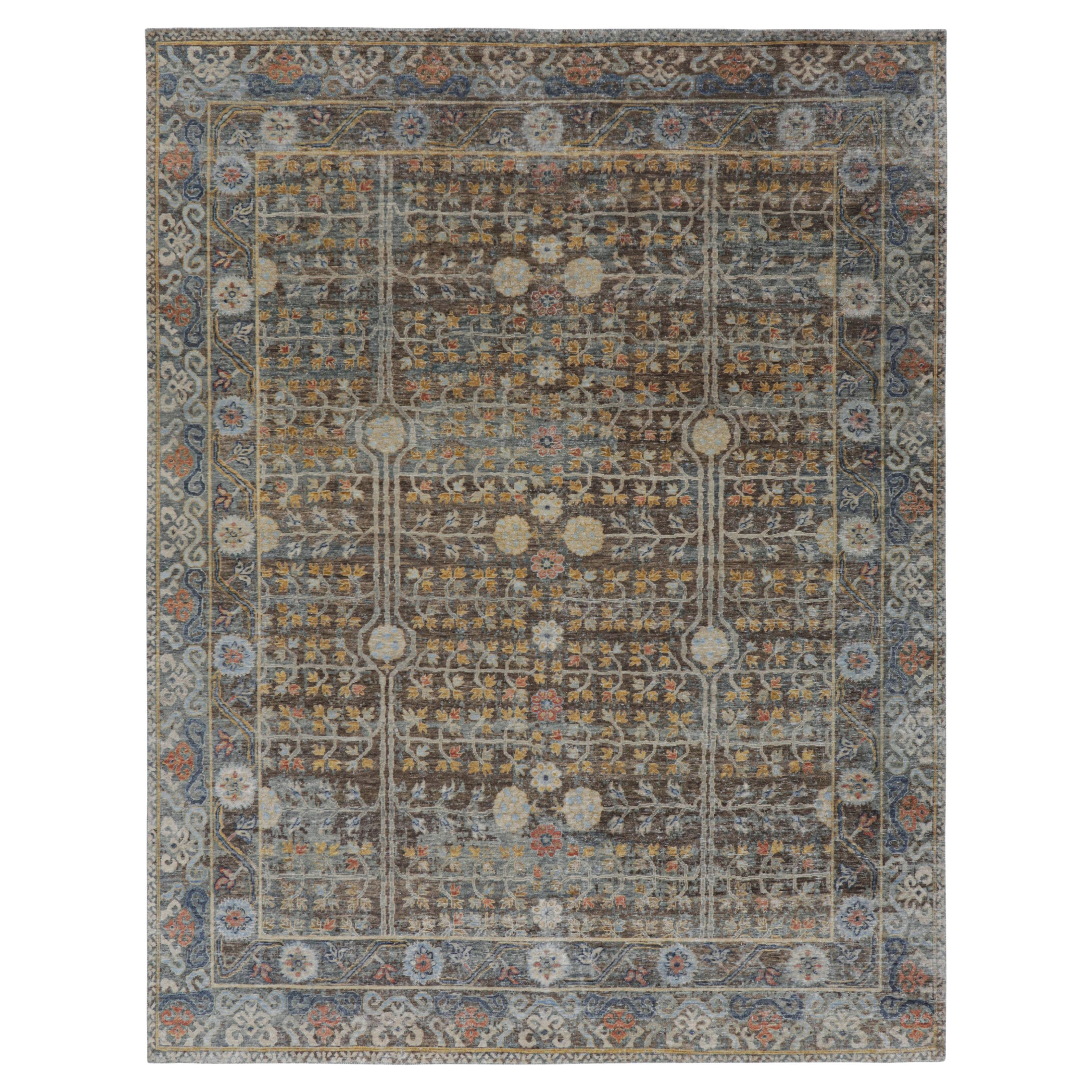 Rug & Kilim’s Khotan Rug in Brown and Blue With Geometric Floral Patterns