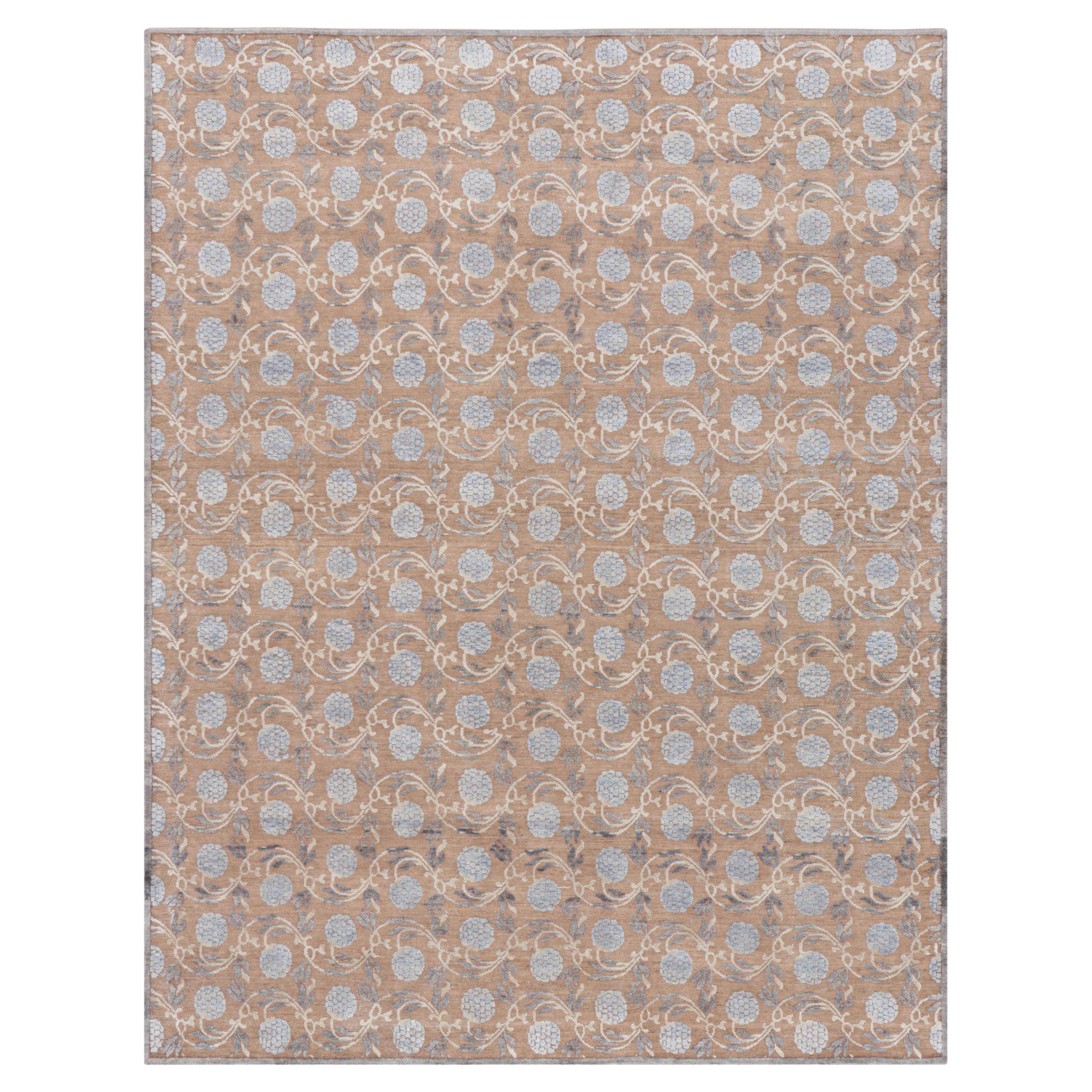 Rug & Kilim’s Modern Block Print Rug in Brown with Blue Floral Patterns