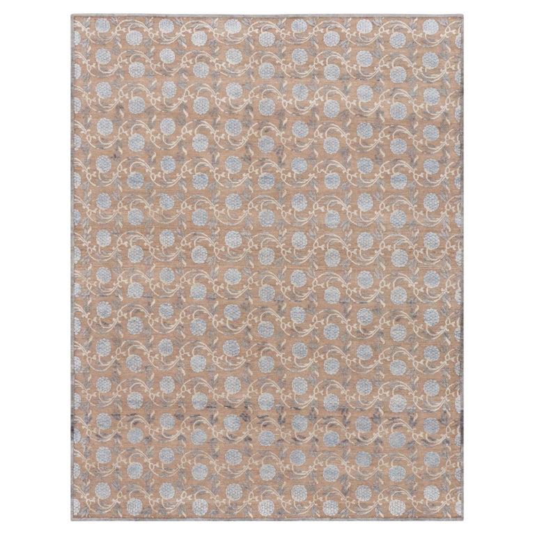 Block-print rug in brown with blue floral pattern, new
