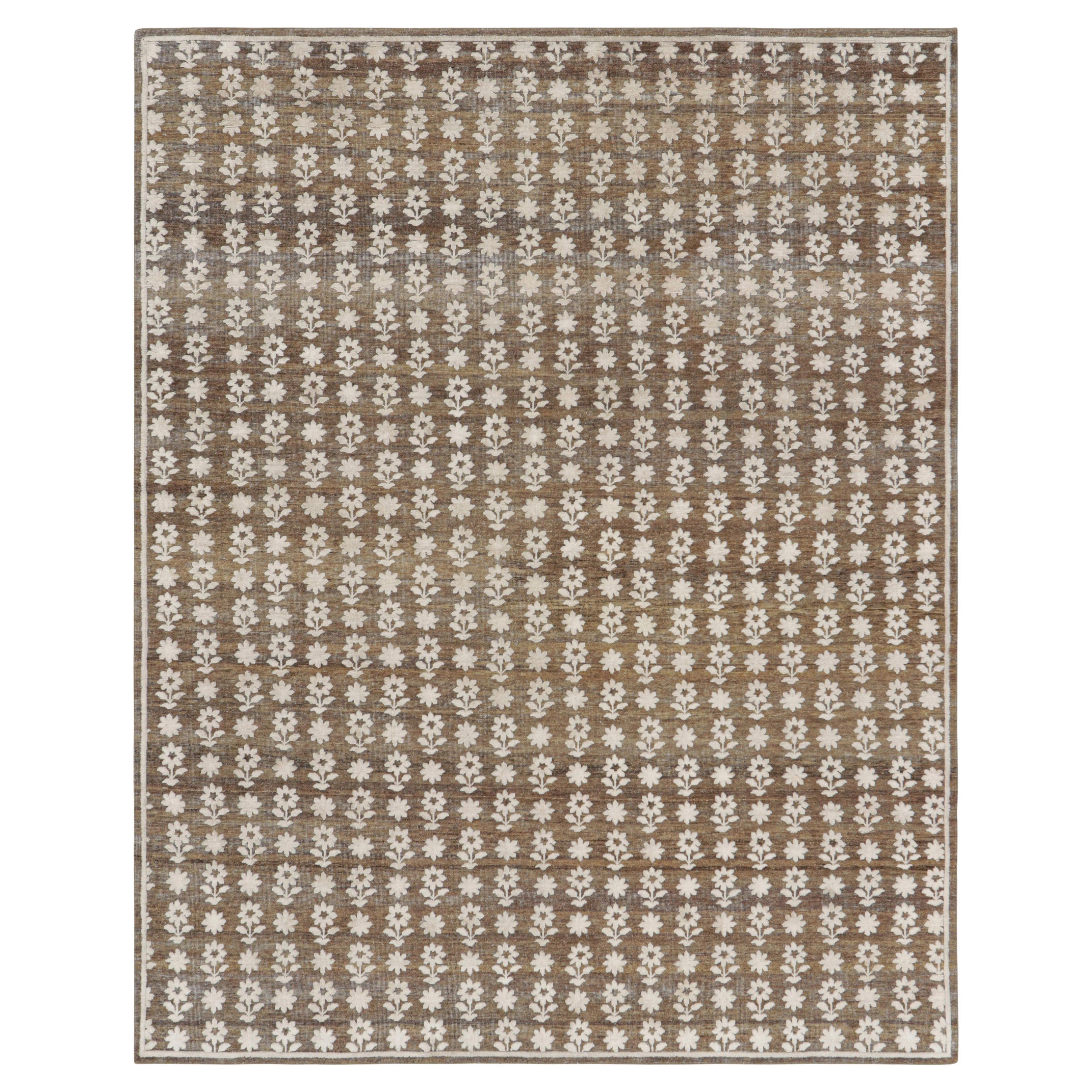 Rug & Kilim’s Modern Block Print Rug in Brown with White Floral Patterns