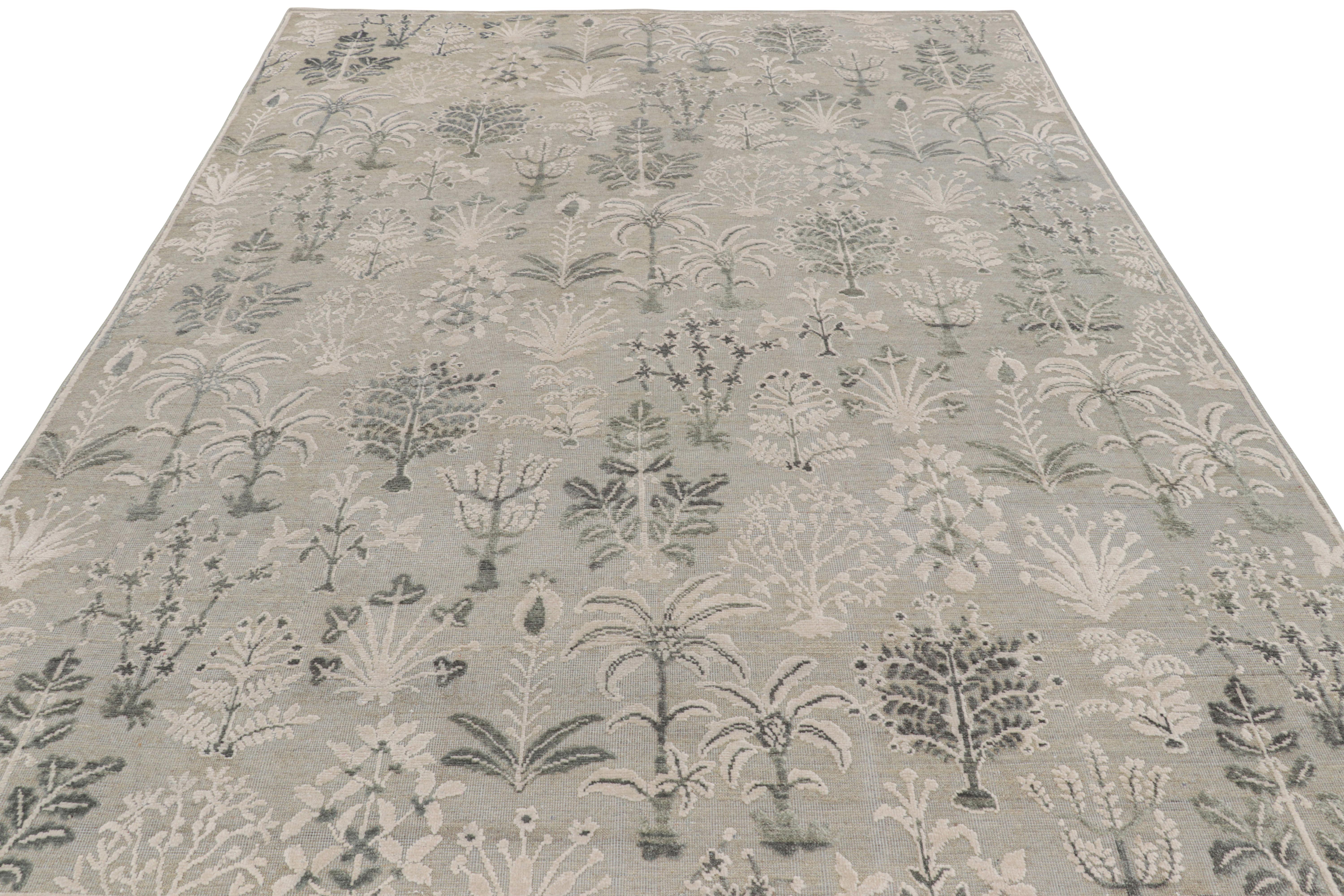 Rug & Kilim's Modern Block Print Rug in Silbergrau und Petrol mit Blumenmustern (Indisch) im Angebot