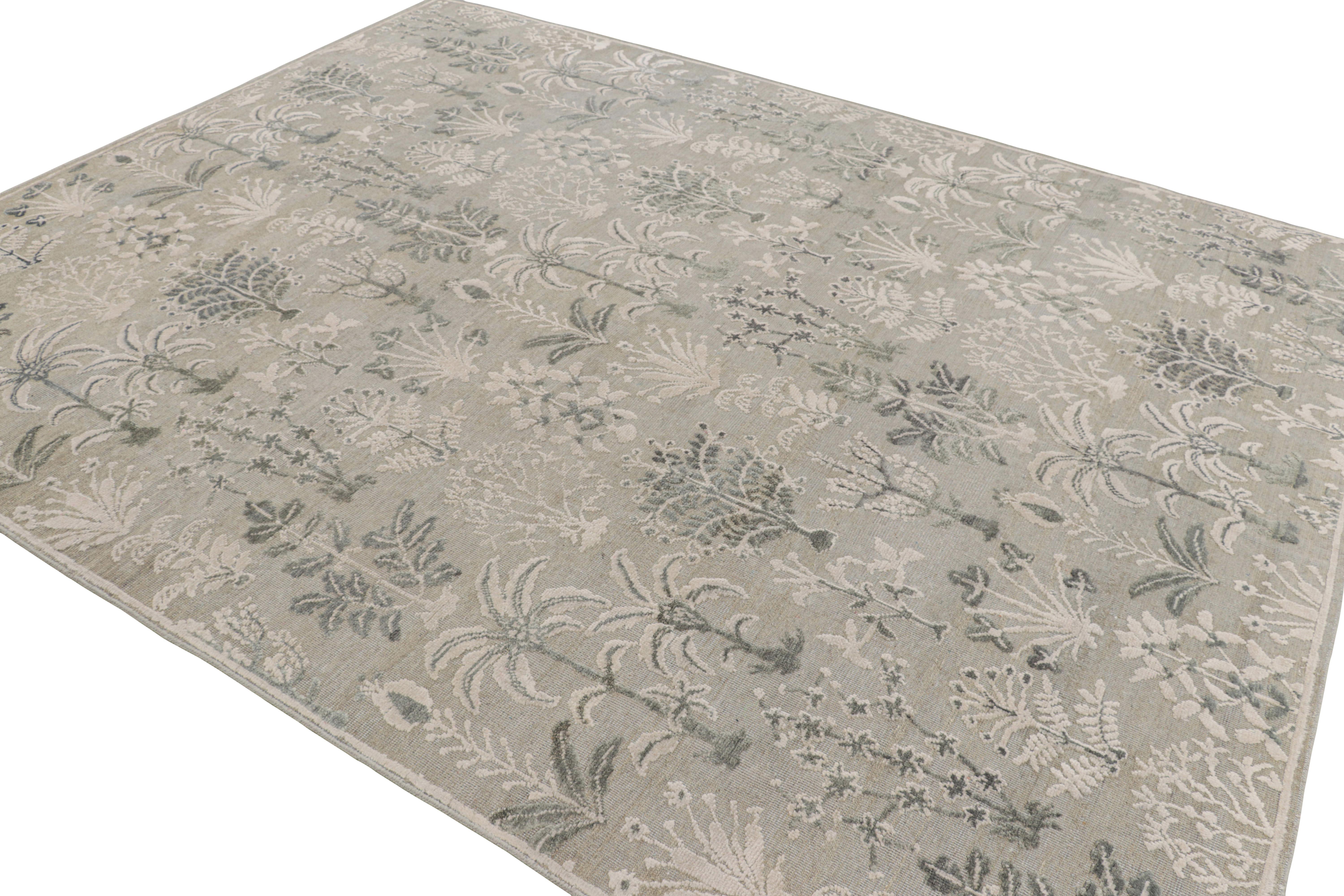 Rug & Kilim's Modern Block Print Rug in Silbergrau und Petrol mit Blumenmustern (Handgeknüpft) im Angebot
