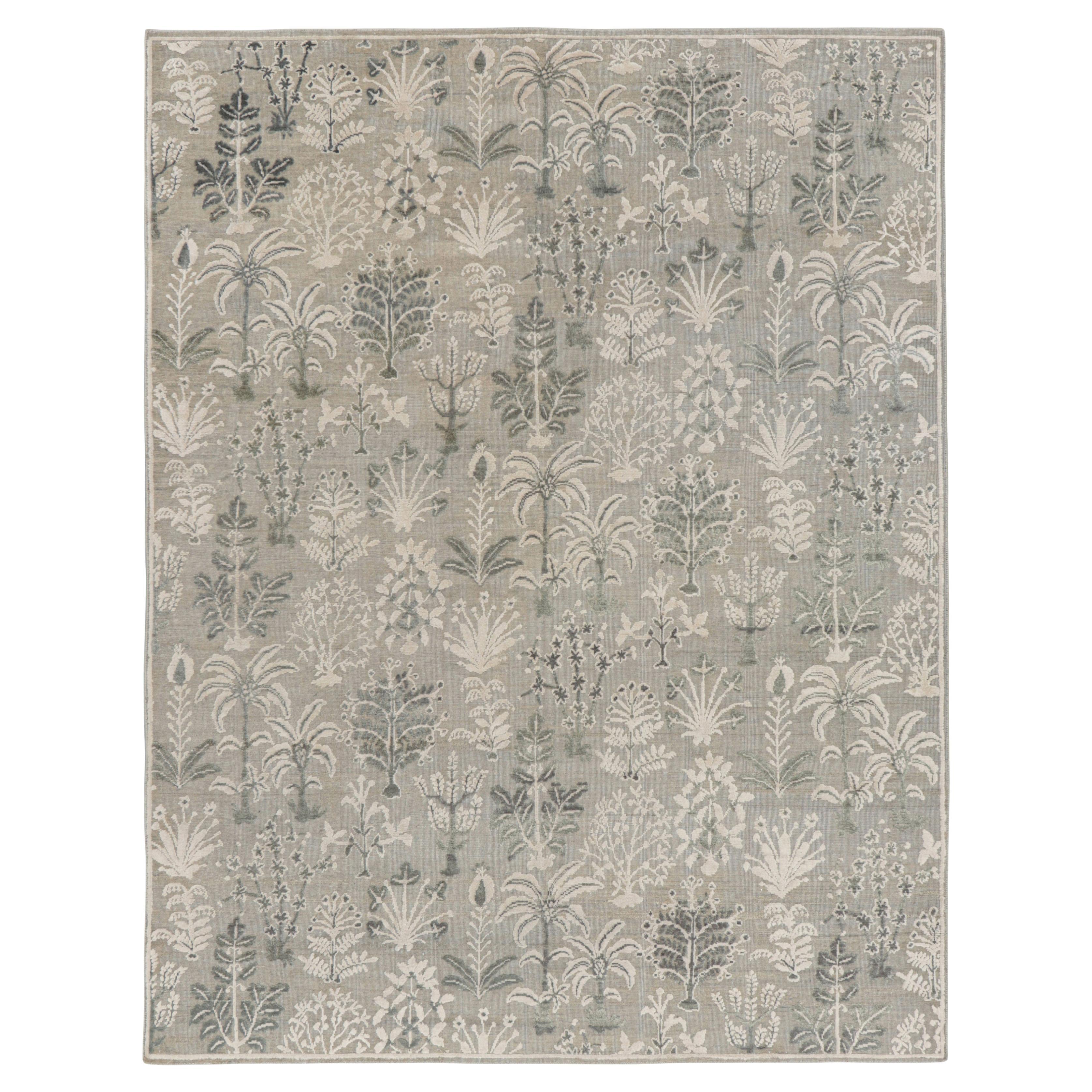 Rug & Kilim's Modern Block Print Rug in Silbergrau und Petrol mit Blumenmustern