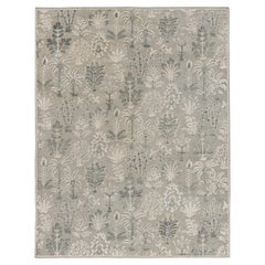 Rug & Kilim's Modern Block Print Rug in Silbergrau und Petrol mit Blumenmustern