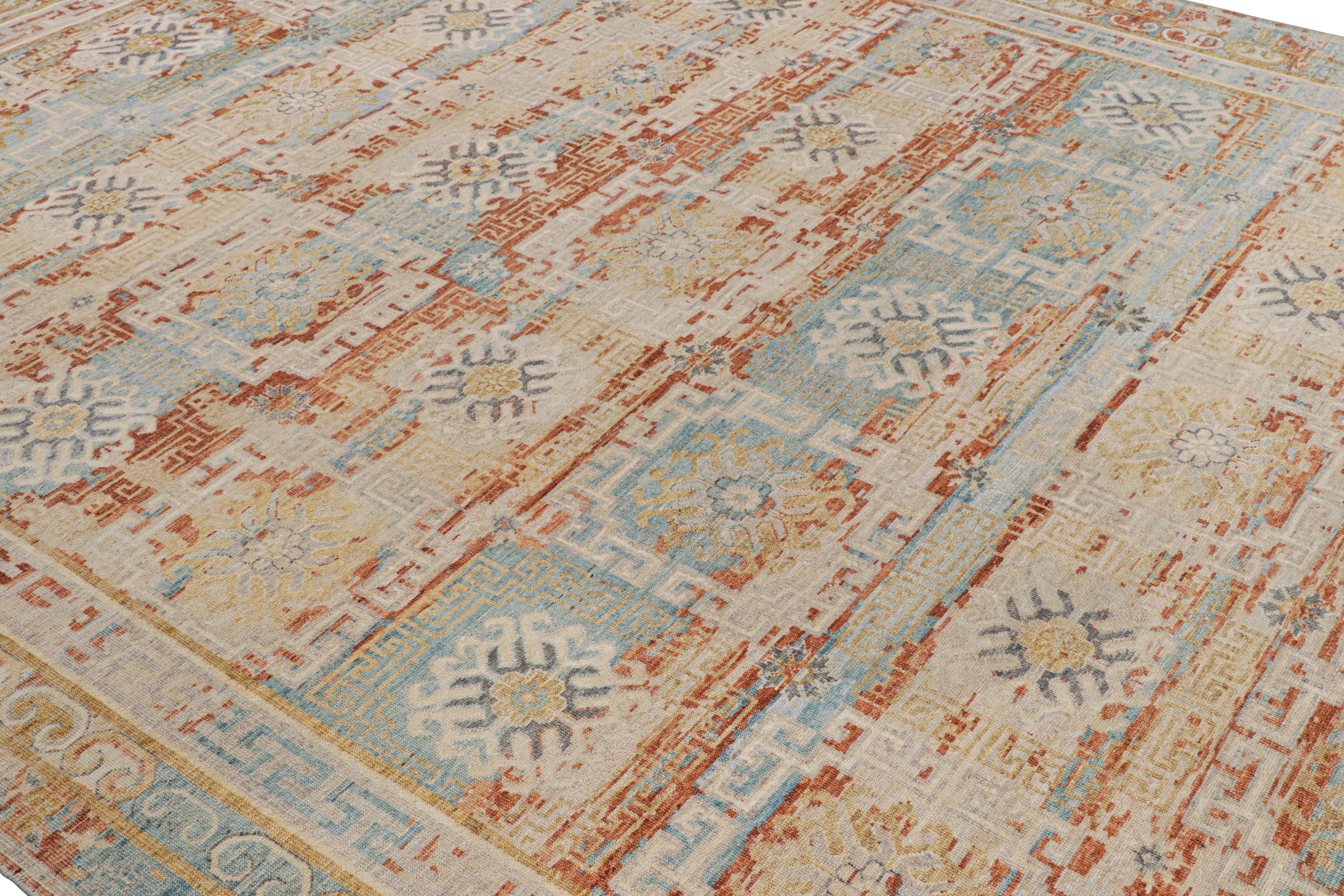 Hand-knotted in wool and silk, this 9×12 modern rug is a bold addition to Rug & Kilim’s Modern Classics Collection—a sophisticated and elegant new approach to a historic style.

On the Design:

Connoisseurs may admire this rug’s particularly bright