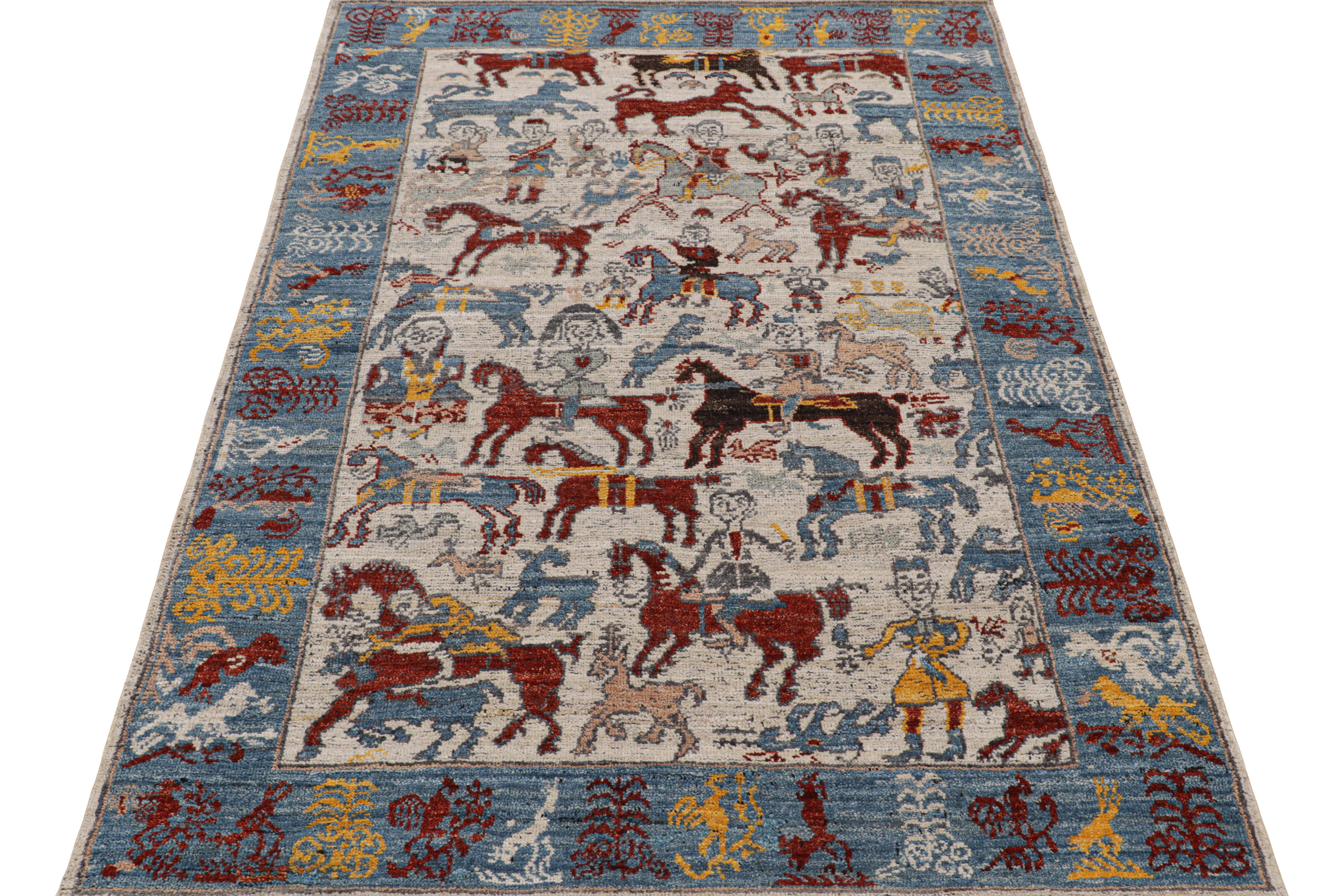 Annodato a mano Tappeto Modern Burano di Rug & Kilim con immagini colorate di cavalli e cavalieri in vendita