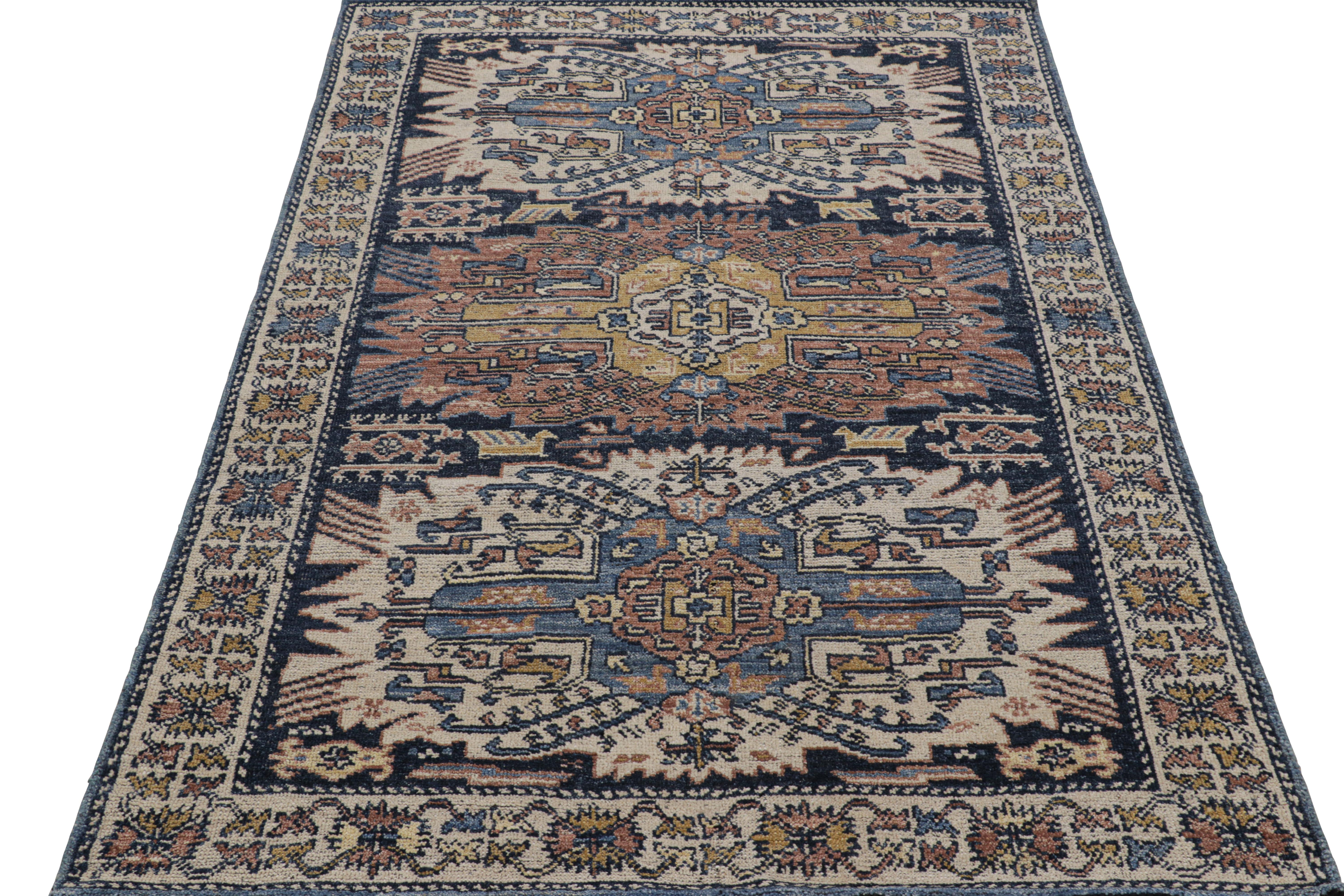 Hand-Knotted Rug & Kilim’s Modern Caucasian Rug in Blue with Geometric Patterns & Medallions For Sale