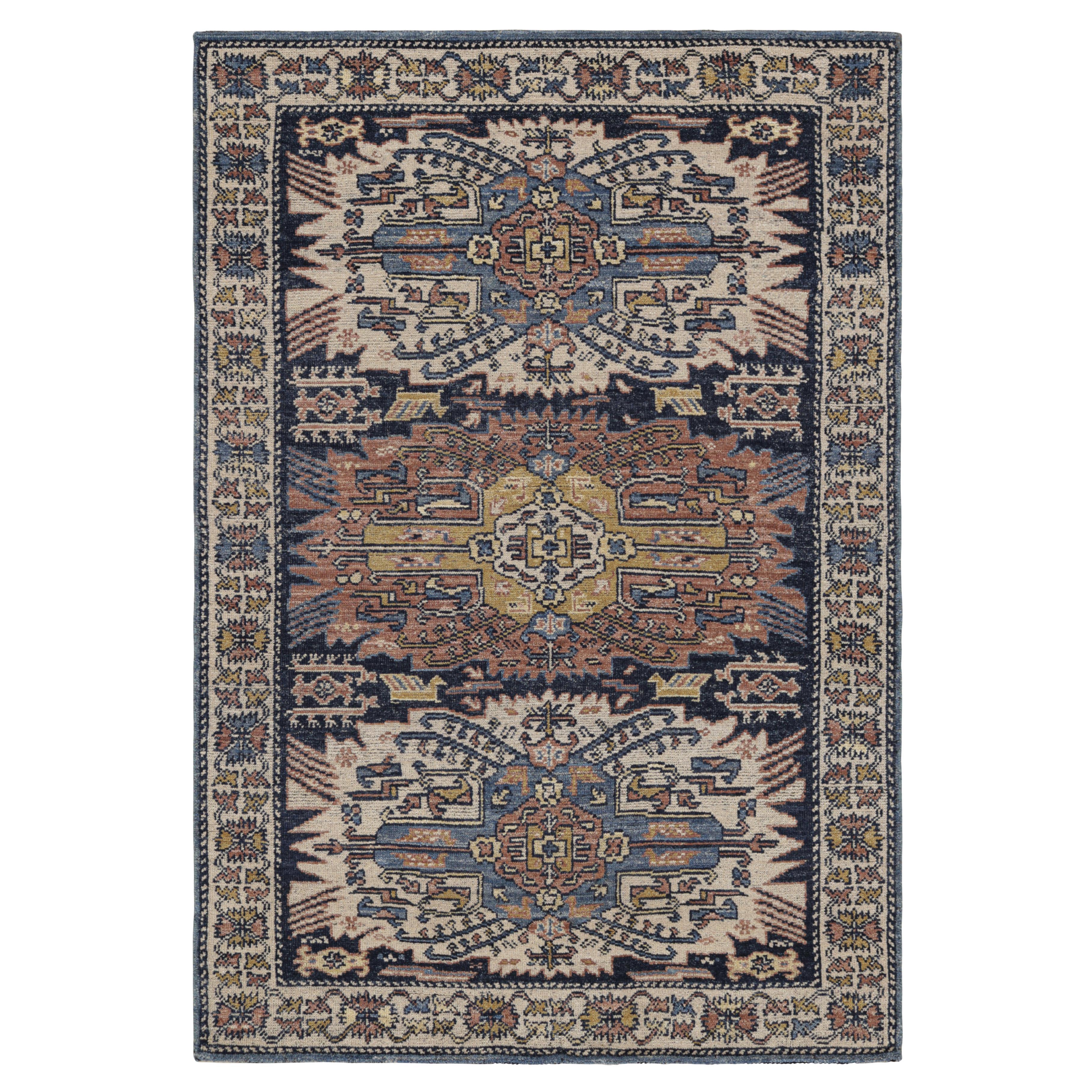 Rug & Kilim’s Modern Caucasian Rug in Blue with Geometric Patterns & Medallions For Sale