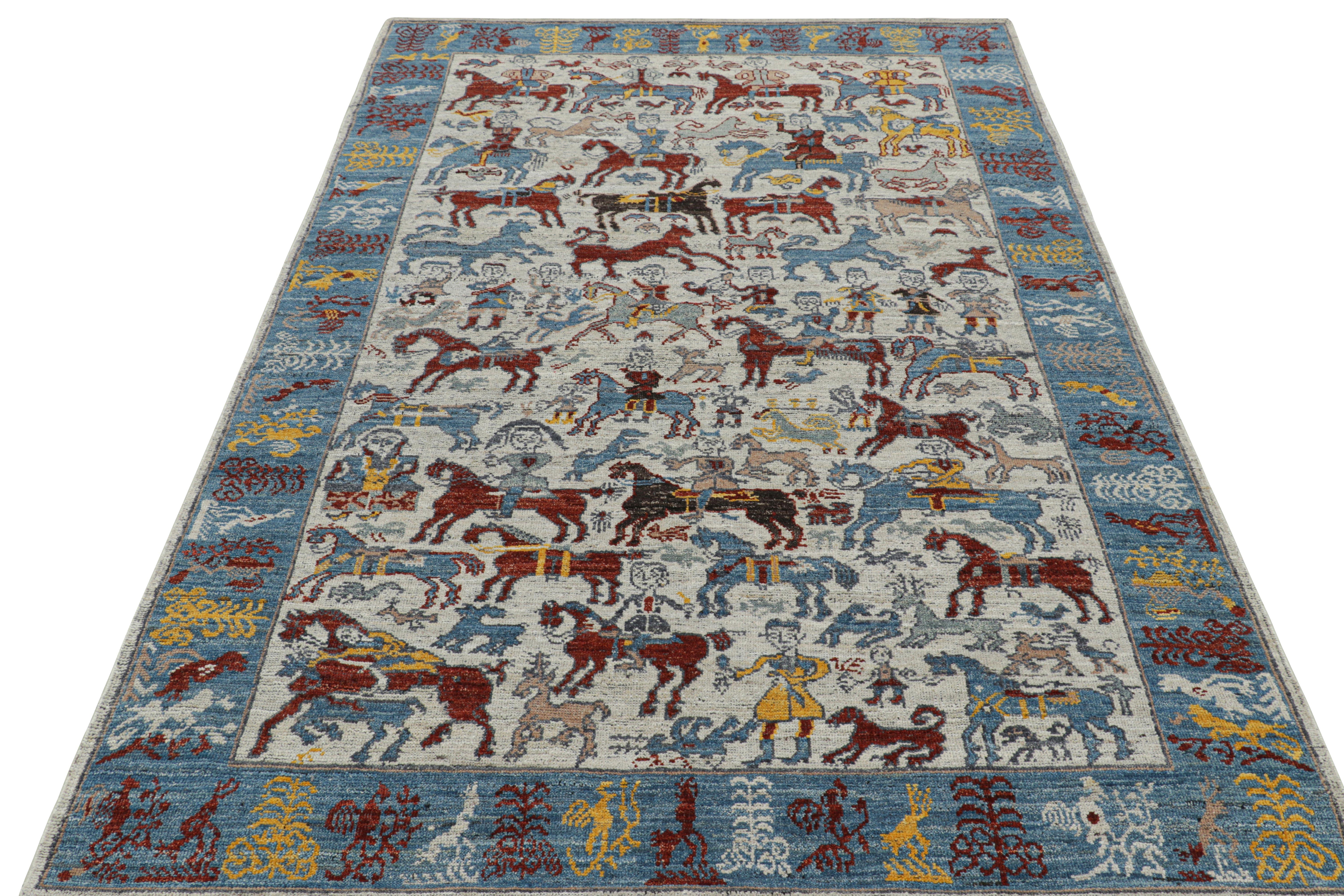 Indiano Rug & Kilim è un tappeto caucasico moderno con immagini colorate di cavalli e cavalieri in vendita