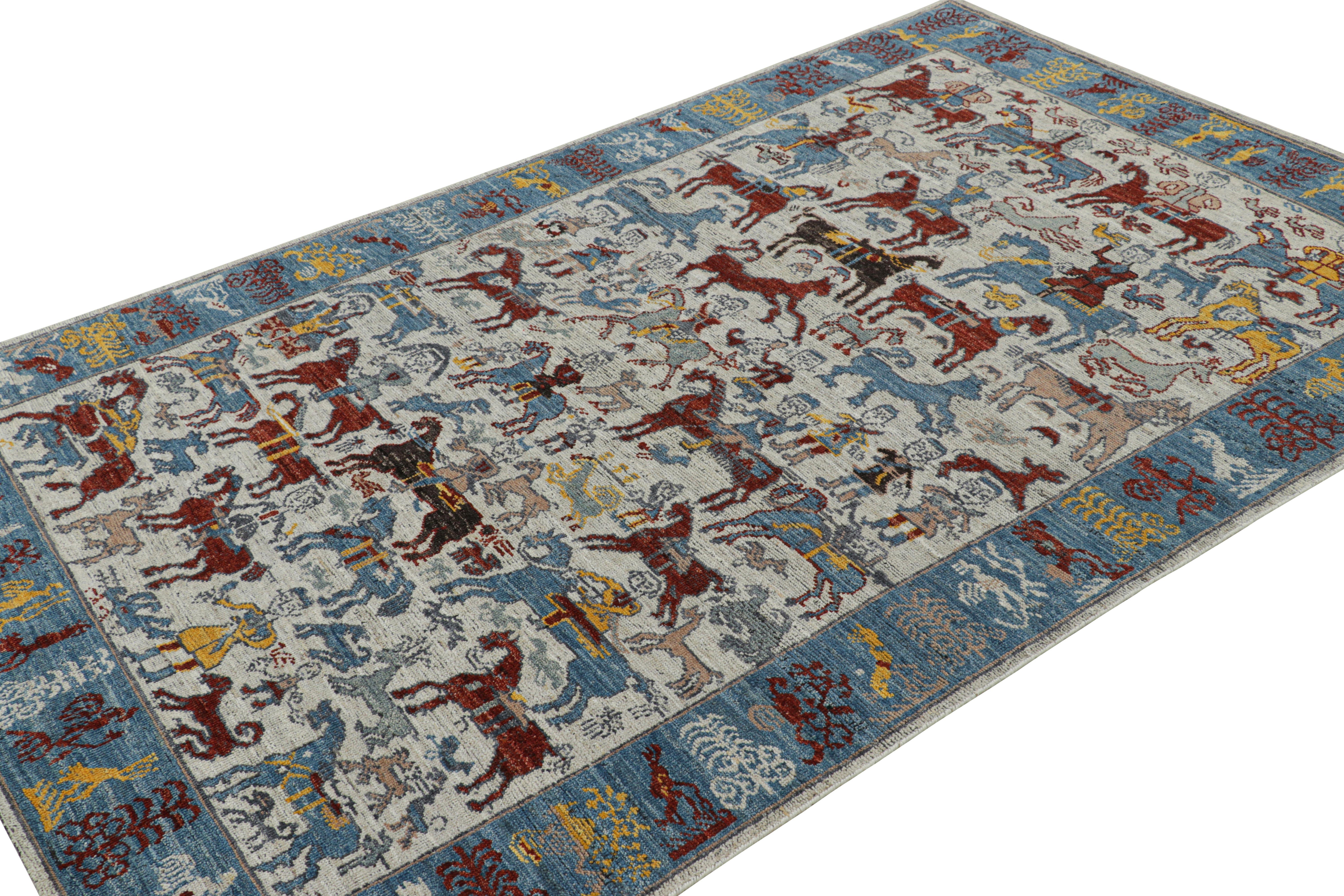 Annodato a mano Rug & Kilim è un tappeto caucasico moderno con immagini colorate di cavalli e cavalieri in vendita