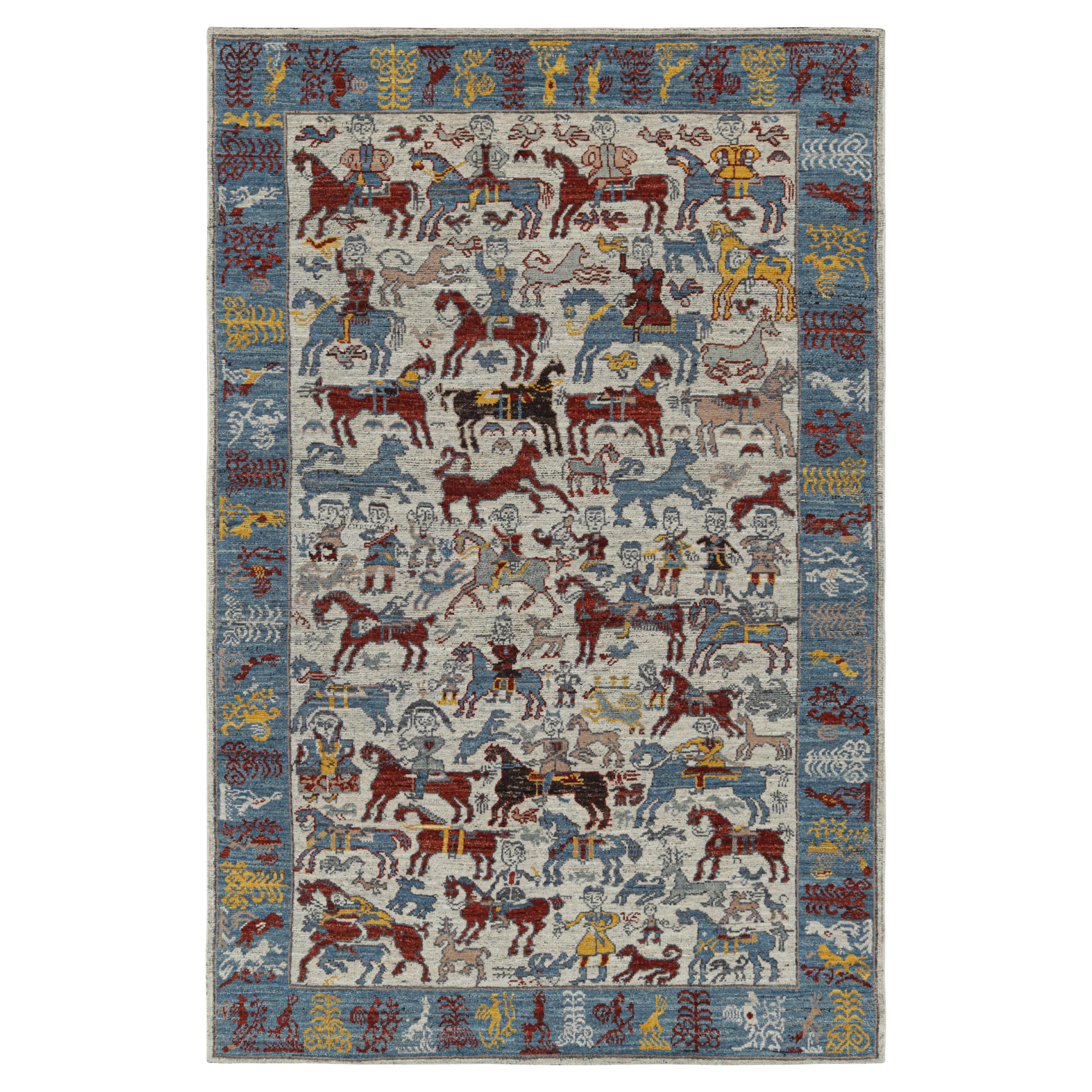 Rug & Kilim's Modern Caucasian Rug with Colorful Horse and Rider Pictorials (tapis caucasien moderne avec chevaux et cavaliers colorés)