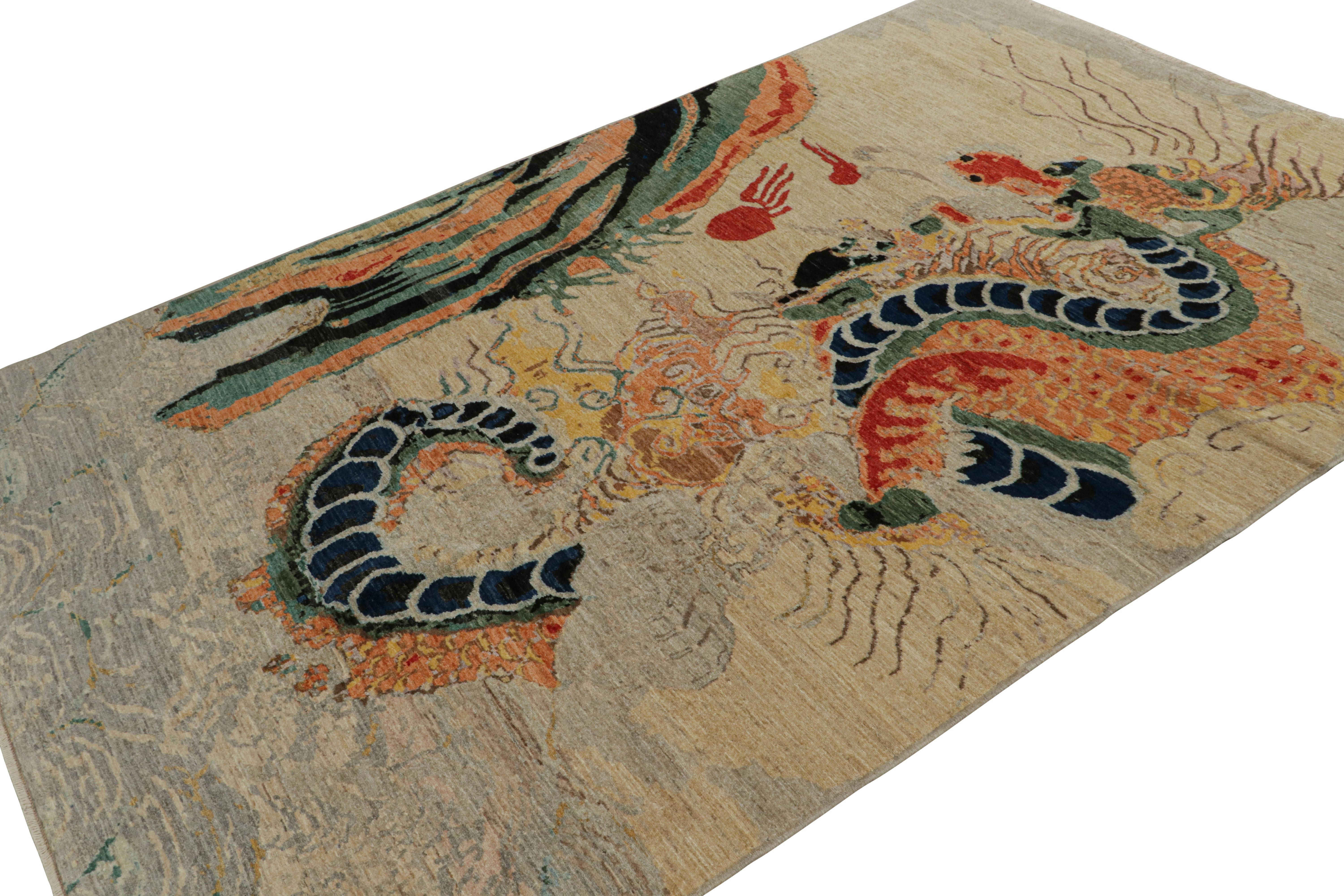 Hand-knotted in wool, this 6x9 modern rug, originating from Afghanistan, features a beige/brown field with an illustration of a dragon among the clouds. 

On the Design: 

Drawing inspiration from iconic antique Chinese pictorial dragon rugs, we