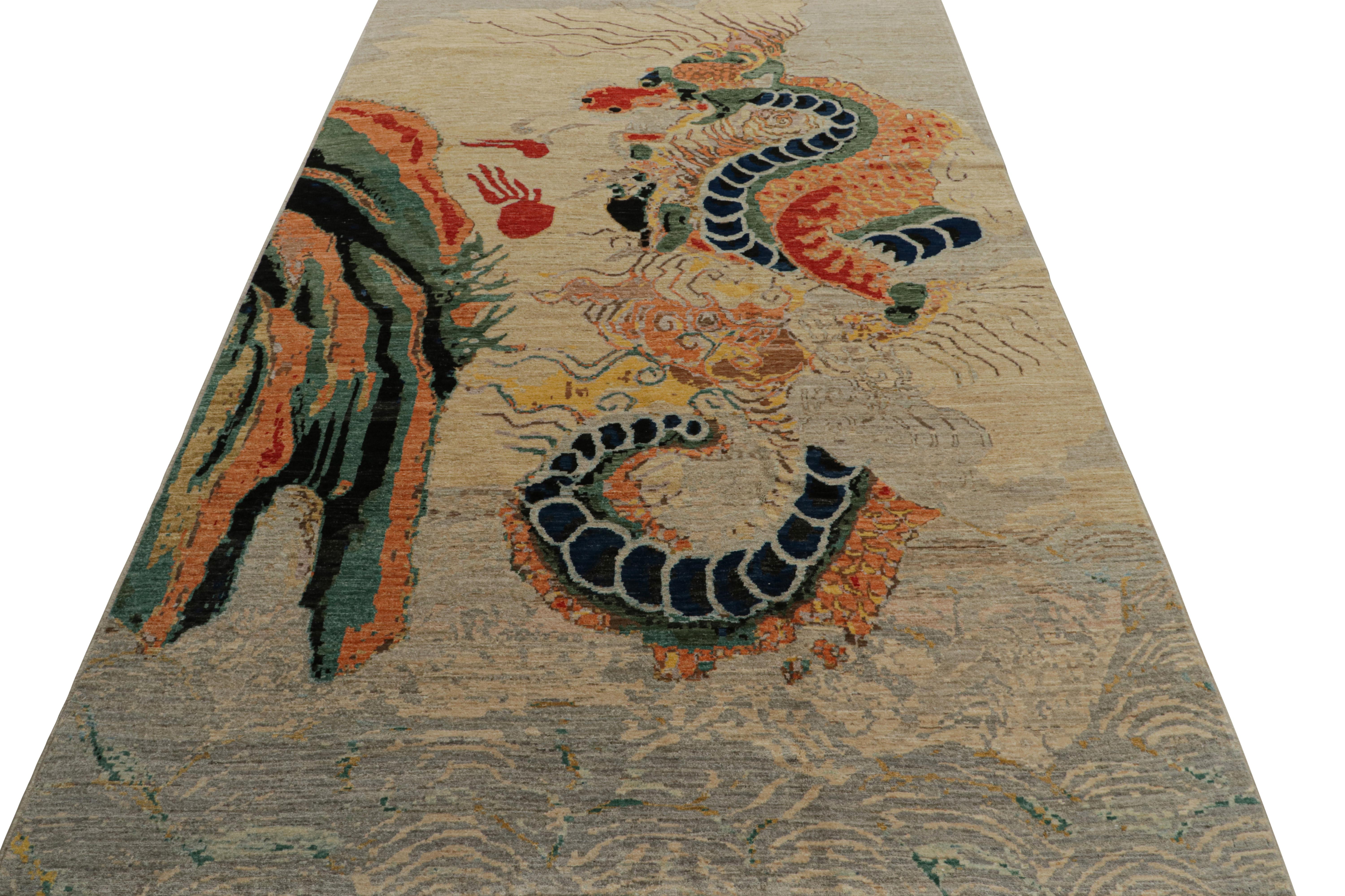 Afghan Rug & Kilim’s Modern Chinese Pictorial Dragon Rug in Beige For Sale