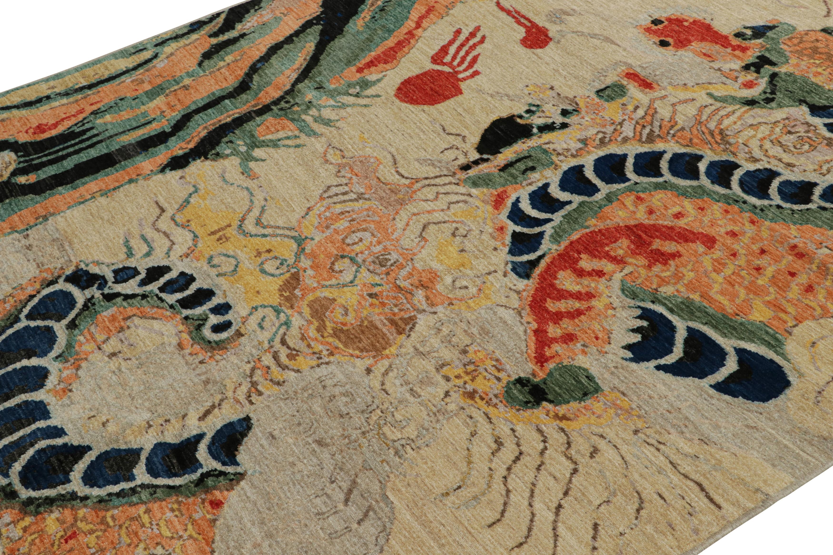 Hand-Knotted Rug & Kilim’s Modern Chinese Pictorial Dragon Rug in Beige For Sale