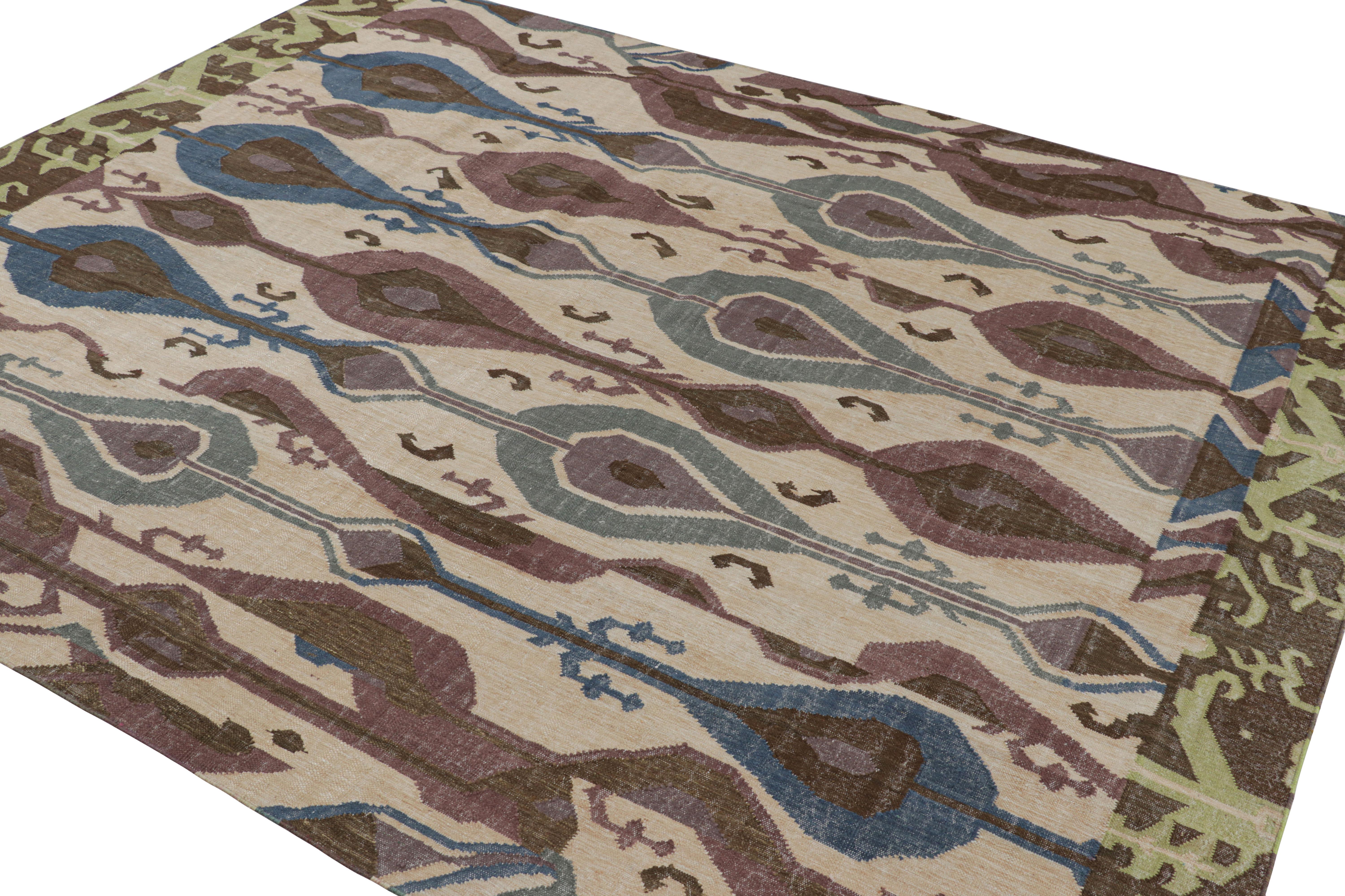 Indiano Tappeto Modern Classics Rug & Kilim a tessitura piatta in beige-marrone con motivi Ikats in vendita