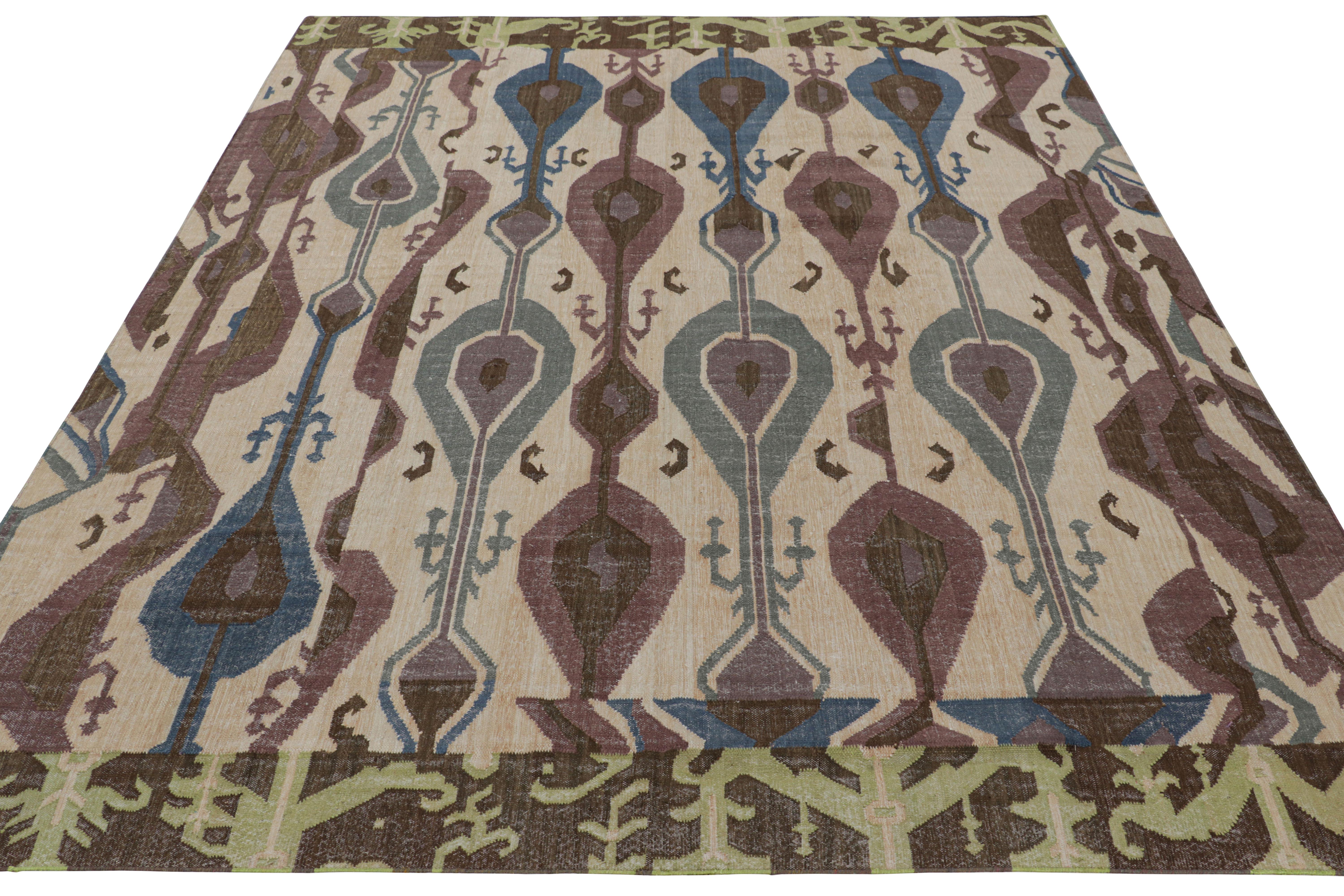 Tessuto a mano Tappeto Modern Classics Rug & Kilim a tessitura piatta in beige-marrone con motivi Ikats in vendita