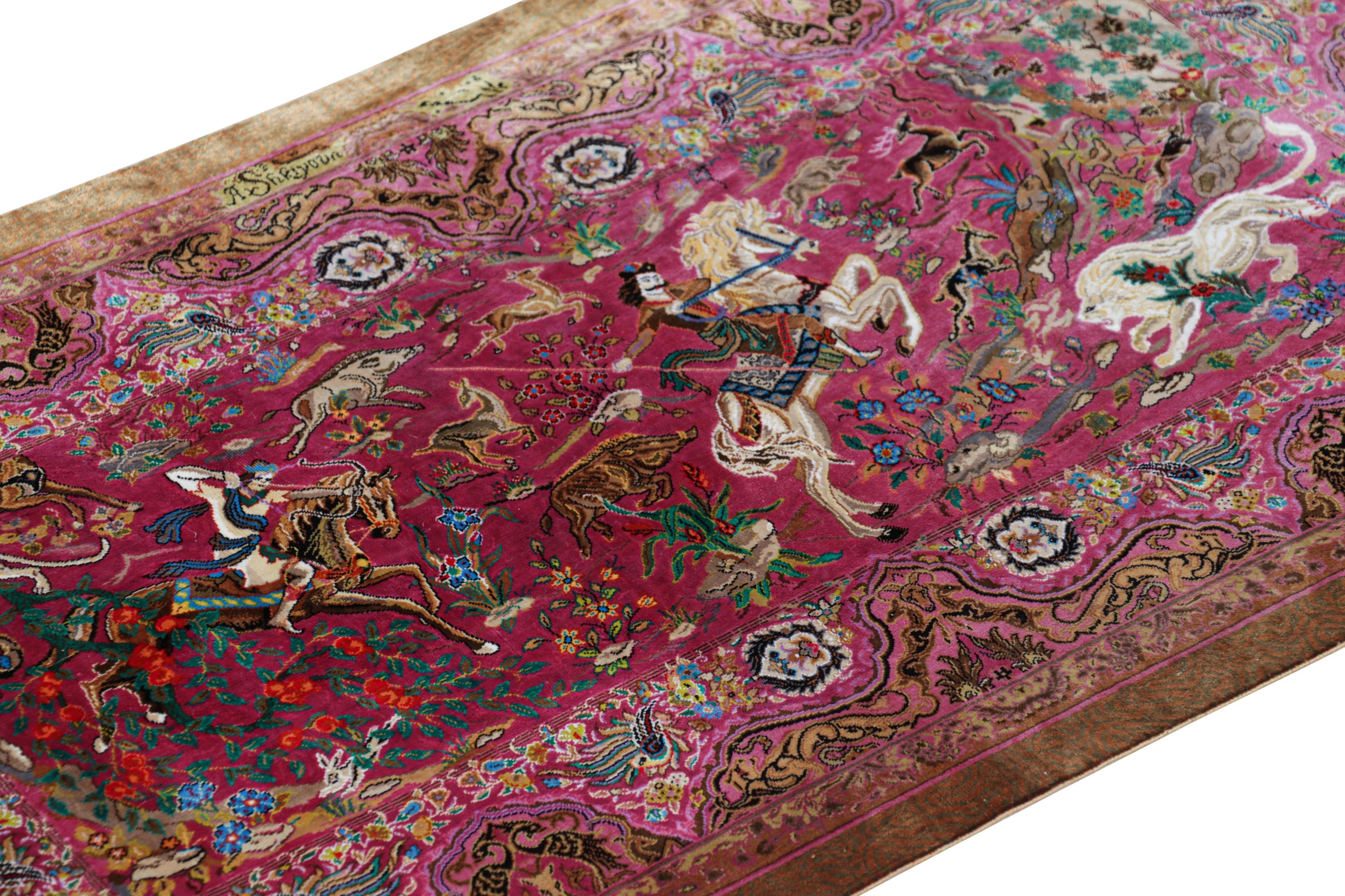 This is a luxurious 2x4 silk rug representing a bold new line of Rug 
Kilim’s Modern Classics Collection. 

On the design: 

Dominated by rich shades of pink and red, the field is enclosed by a brown border in this one-of-a-kind pictorial rug