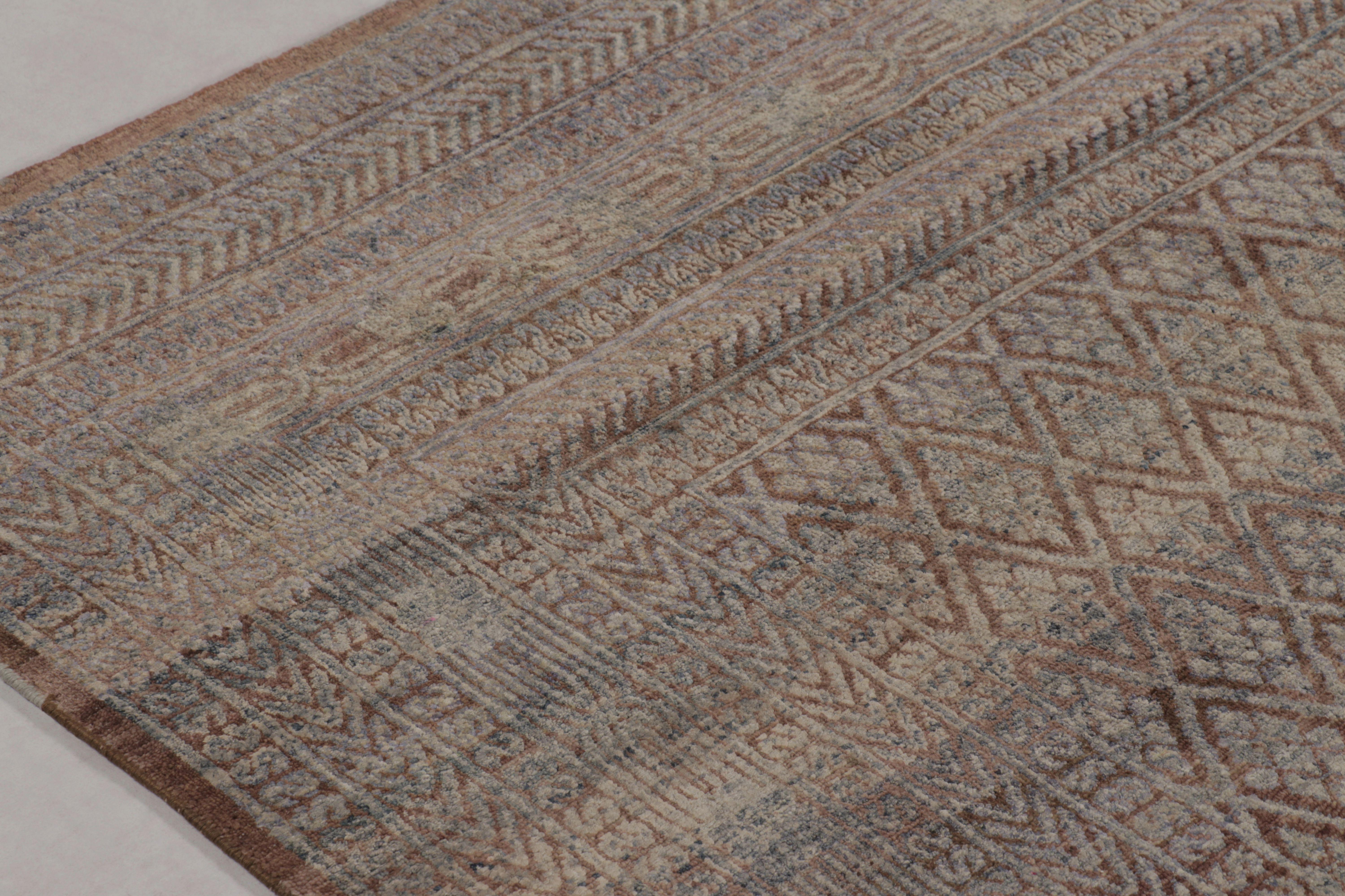 This magnificent 8x10 rug from Rug & Kilim’s Modern Classics Collection showcases micro-geometric precision. It features a dense, all-over pattern of interlocking diamonds in a muted palette of mauve, taupe, and charcoal-gray.

On the Design: 

This