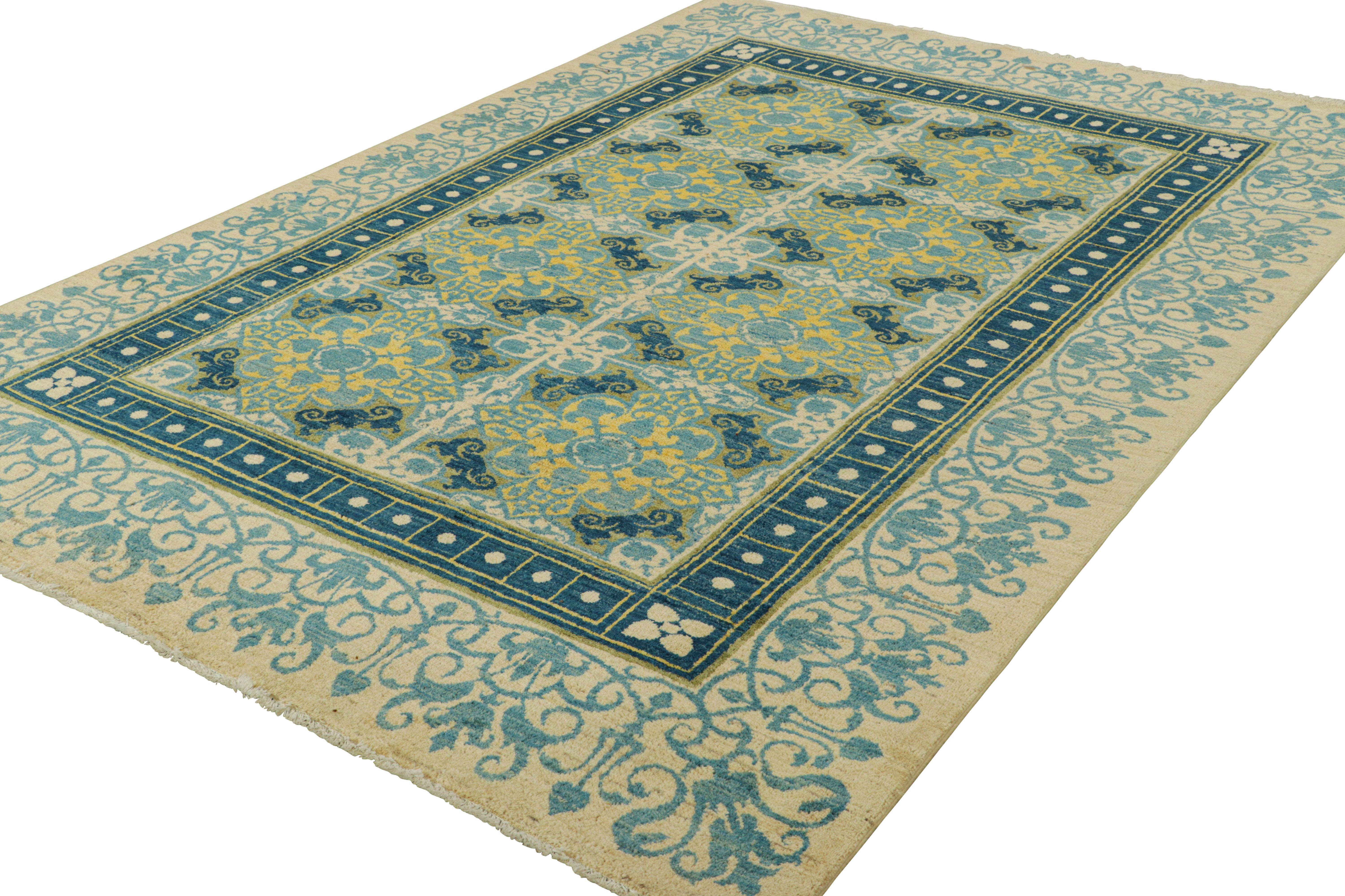 Afghan Rug & Kilim’s Modern Classics Rug in Cream, Blue & Yellow, with Floral Patterns For Sale