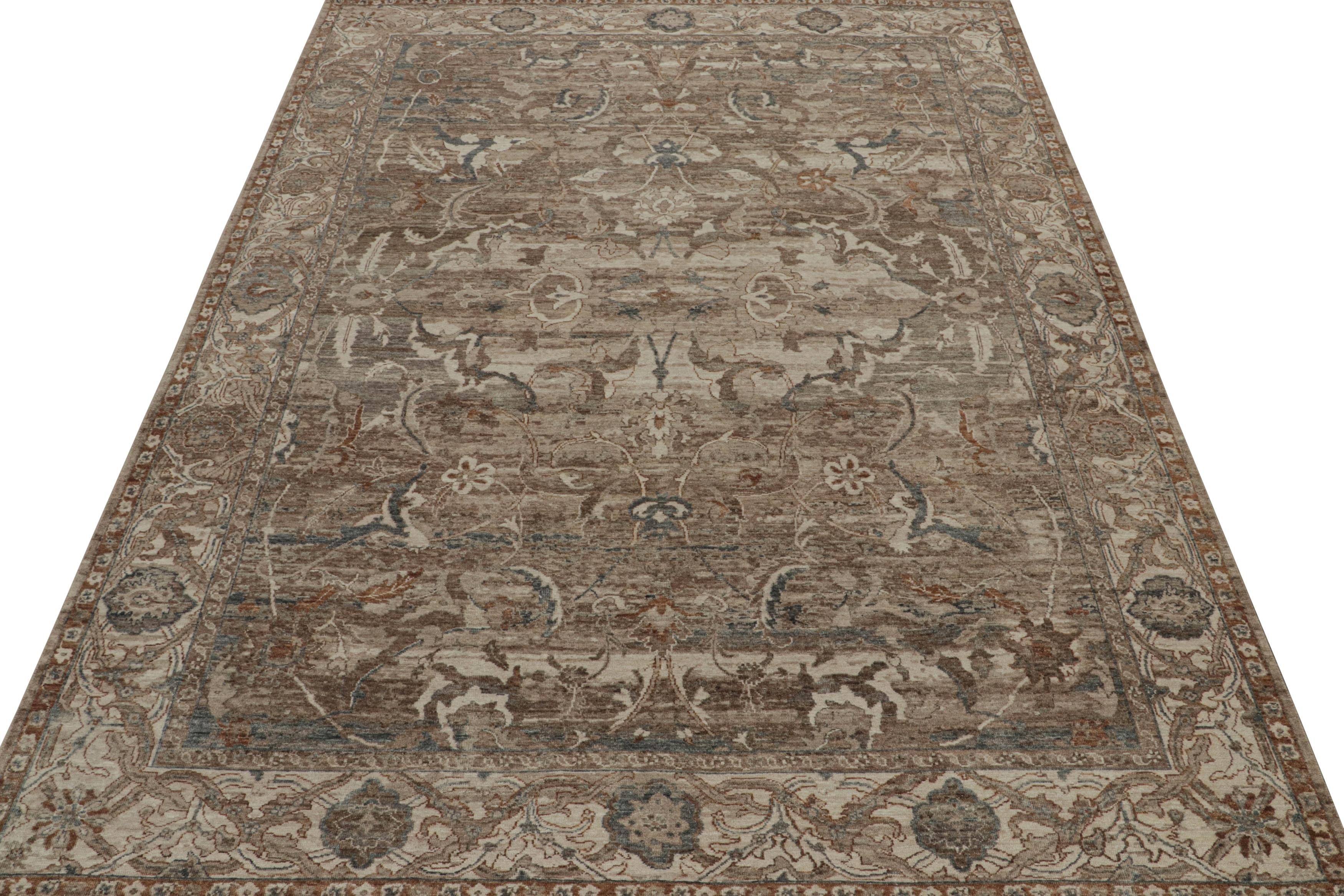 Turkish Rug & Kilim’s Modern Classics Rug with Beige-Brown and Navy Blue Floral Patterns For Sale