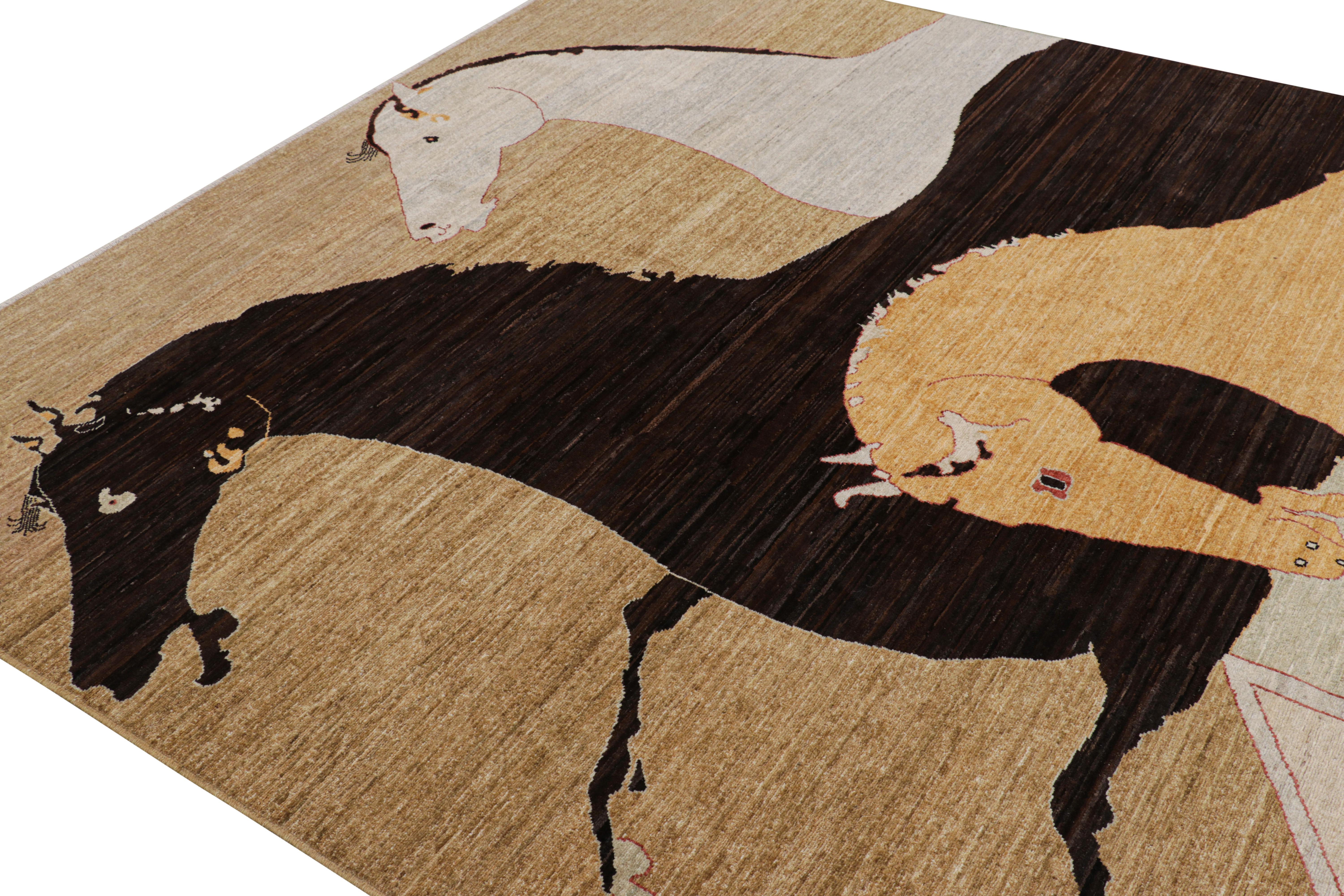 This new addition to Rug & Kilim’s Modern Classics collection is a 8×10 pictorial rug—a contemporary resurrection of one of the most collectible  styles. 

On the Design: 

This piece depicting horses in a gallop is inspired by Gabbeh tribal rugs
