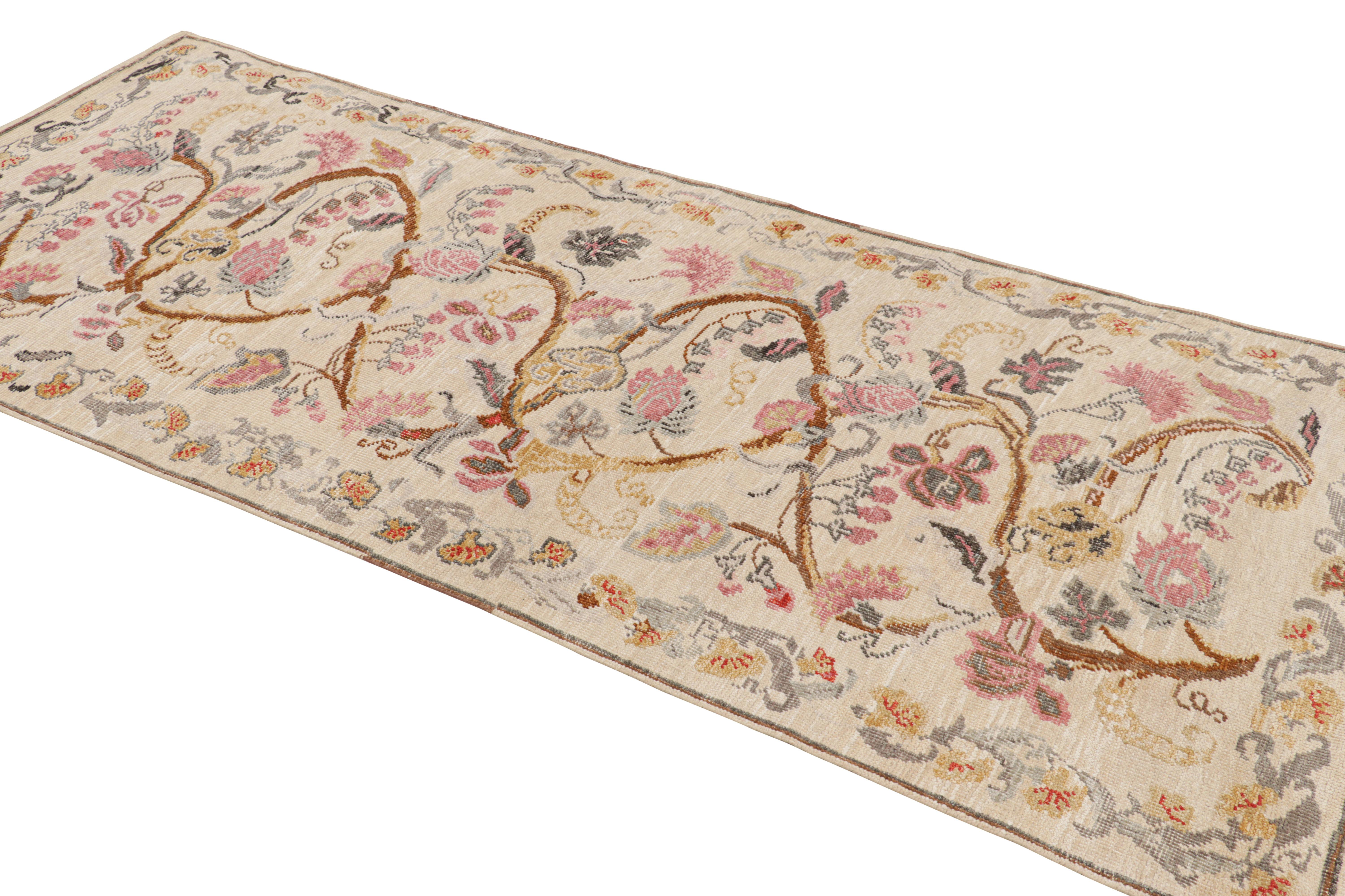 Hand-Knotted Rug & Kilim’s Modern Classics Runner Rug in Cream with Floral Patterns For Sale