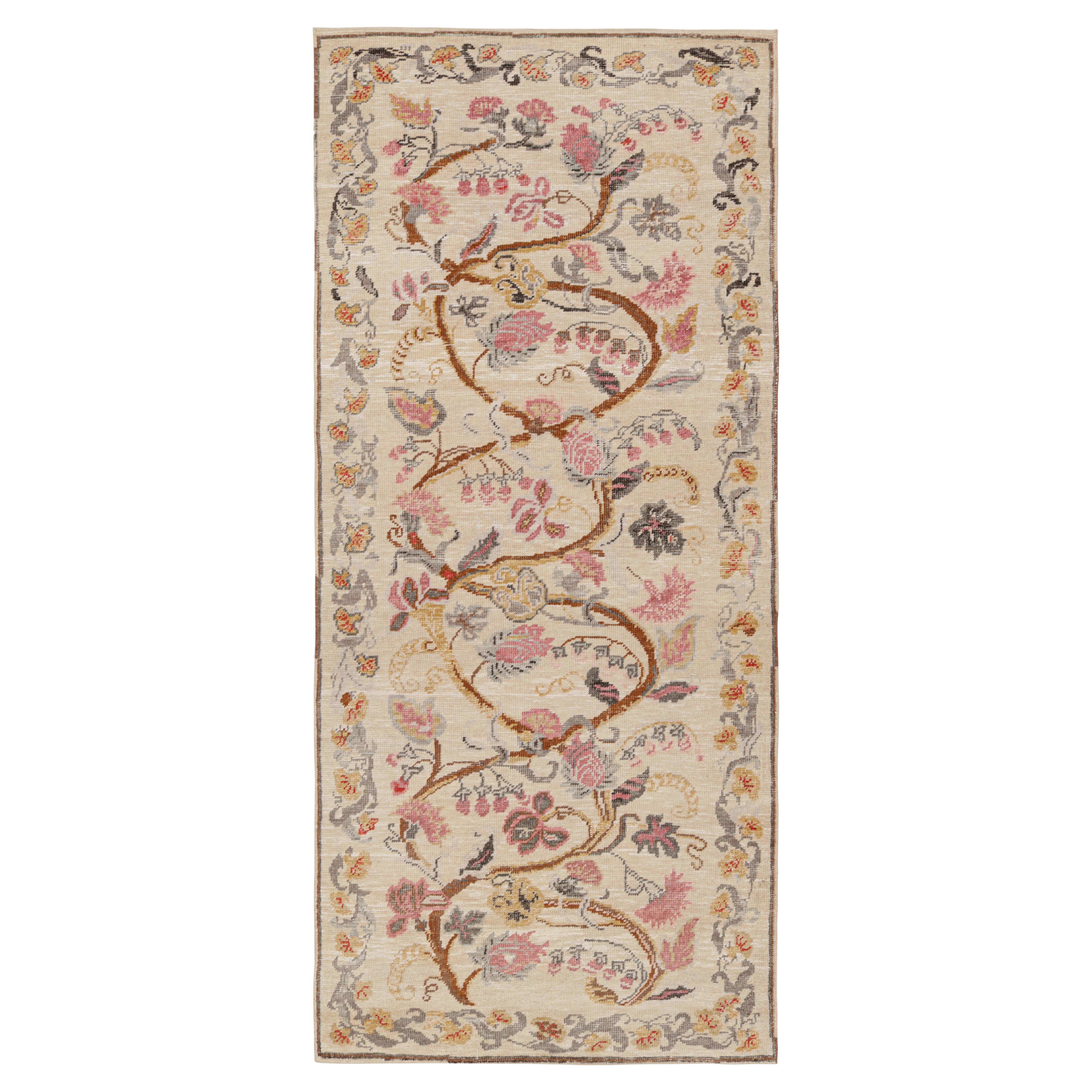 Rug & Kilim’s Modern Classics Runner Rug in Cream with Floral Patterns For Sale