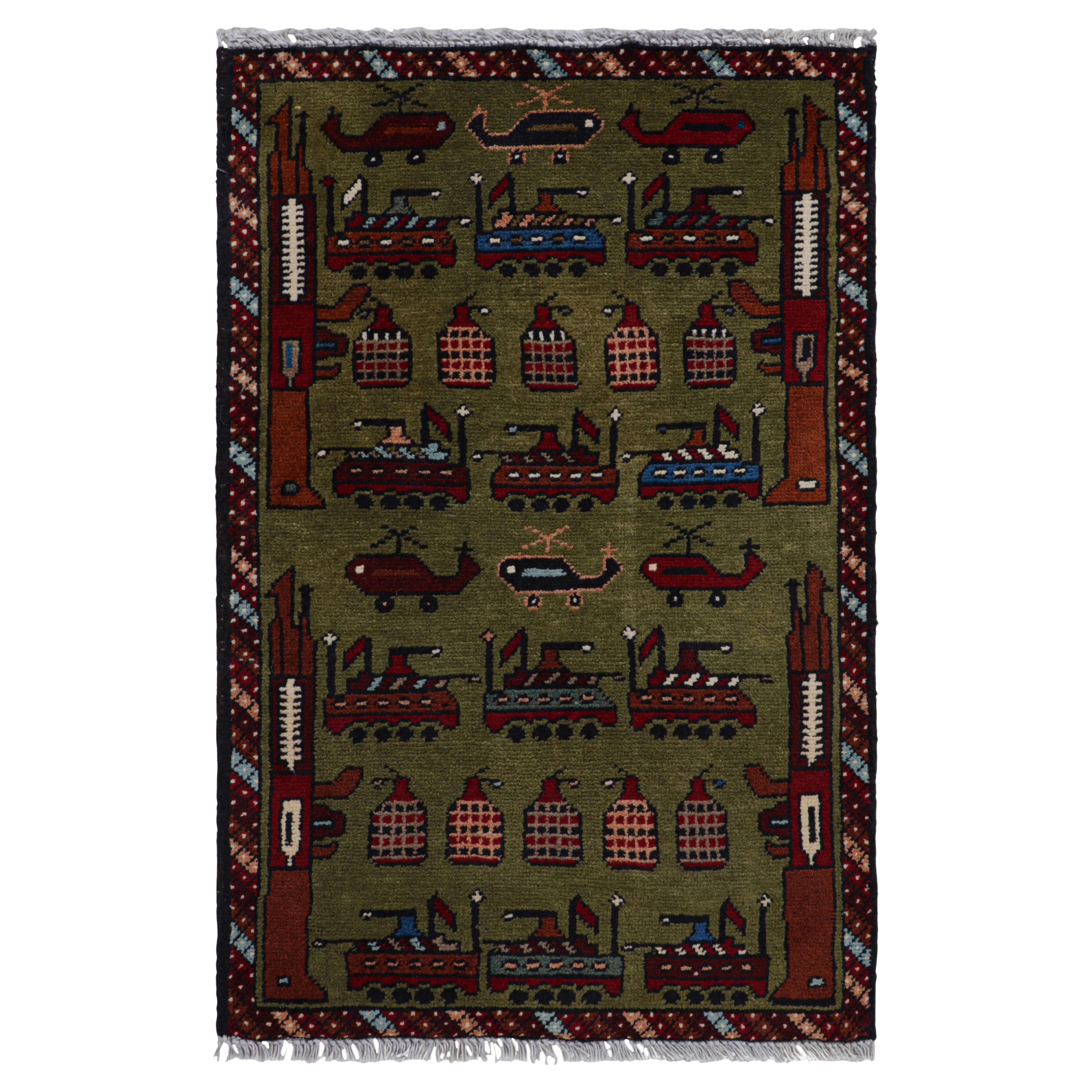 Tappeto tribale Modern Classics di Rug & Kilim con foto di elicotteri e carri armati in vendita