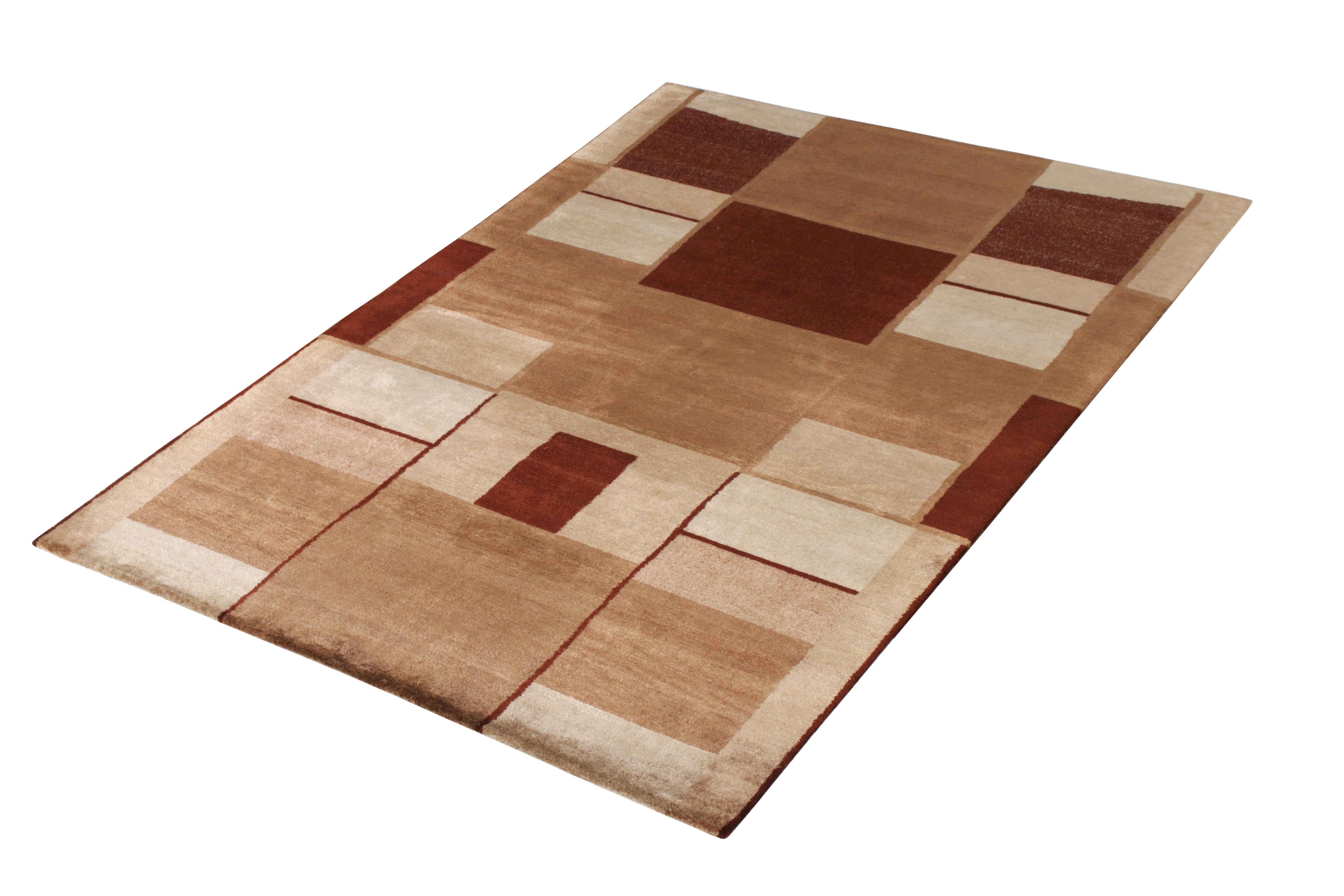 An ode to venerated cubist rug styles in beige and brown, from Rug & Kilim’s New & Modern Collection. This 6x9 is hand knotted in wool and all natural silk, embracing art deco sensibilities of symmetry and distinction. 

On the design: The silk’s