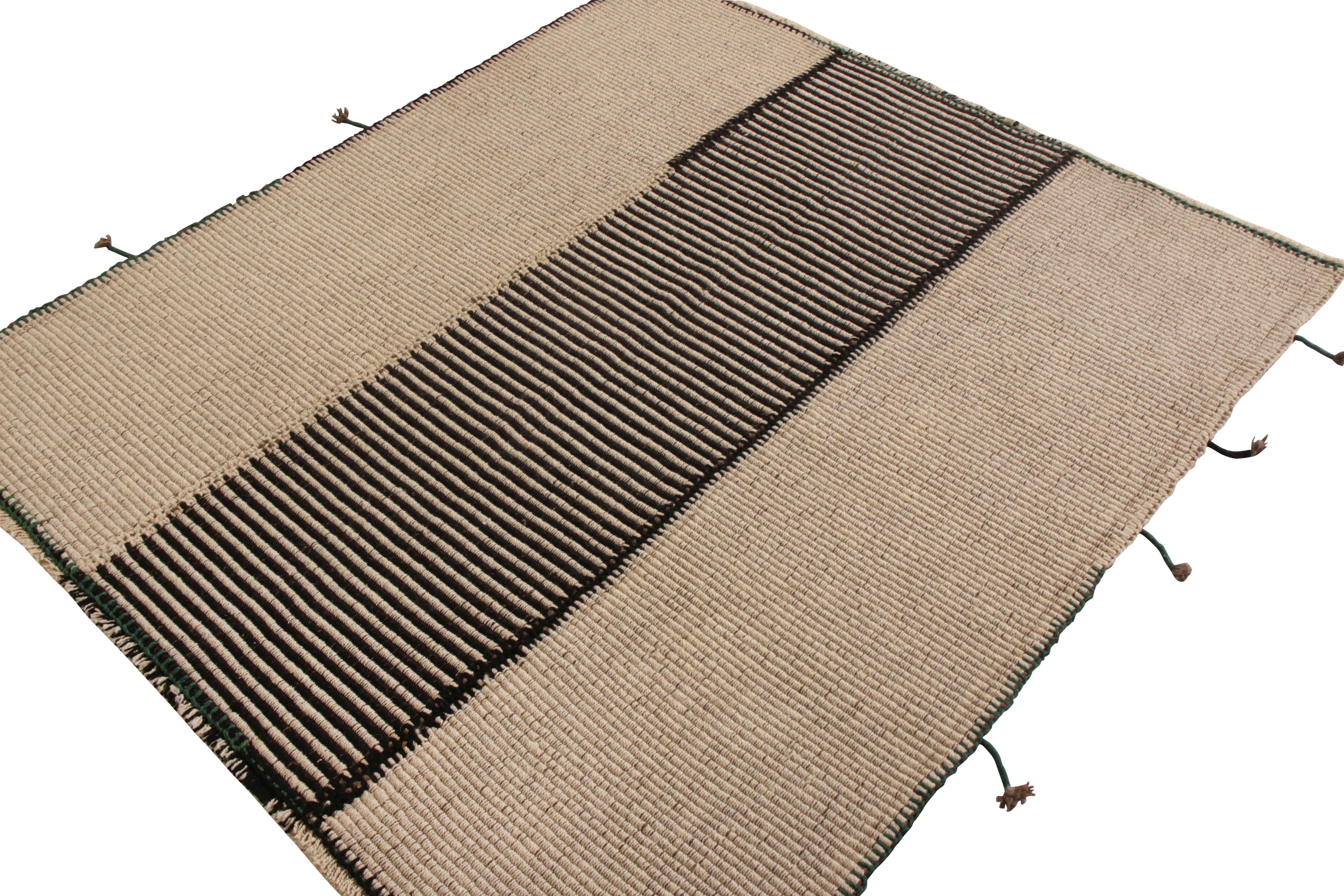 Tribal Modern Custom Kilim in Beige-Brown, Black Striped Pattern by Rug & Kilim For Sale