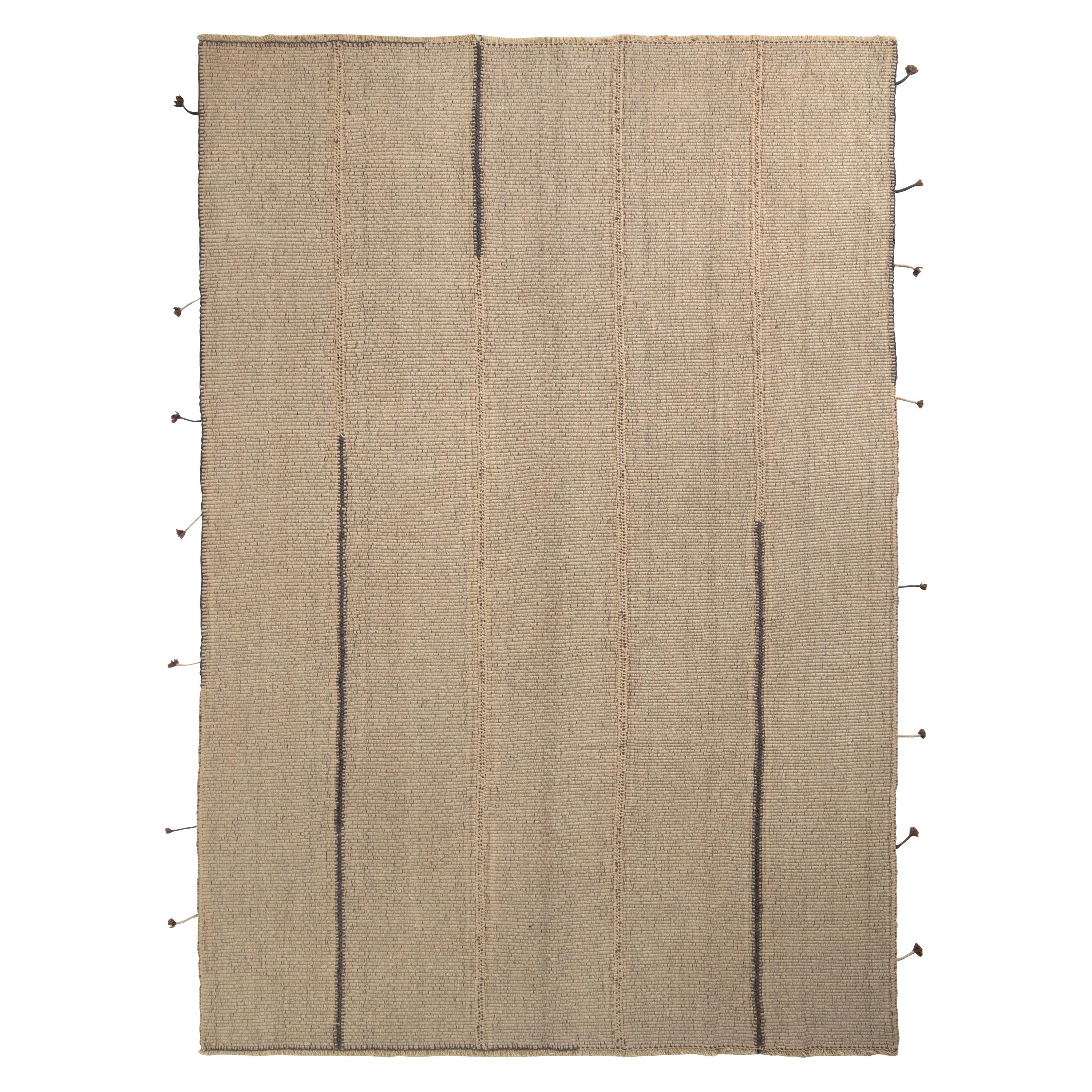 Rug & Kilim’s Modern Custom Kilim in Beige-Brown, Black Striped Pattern For Sale