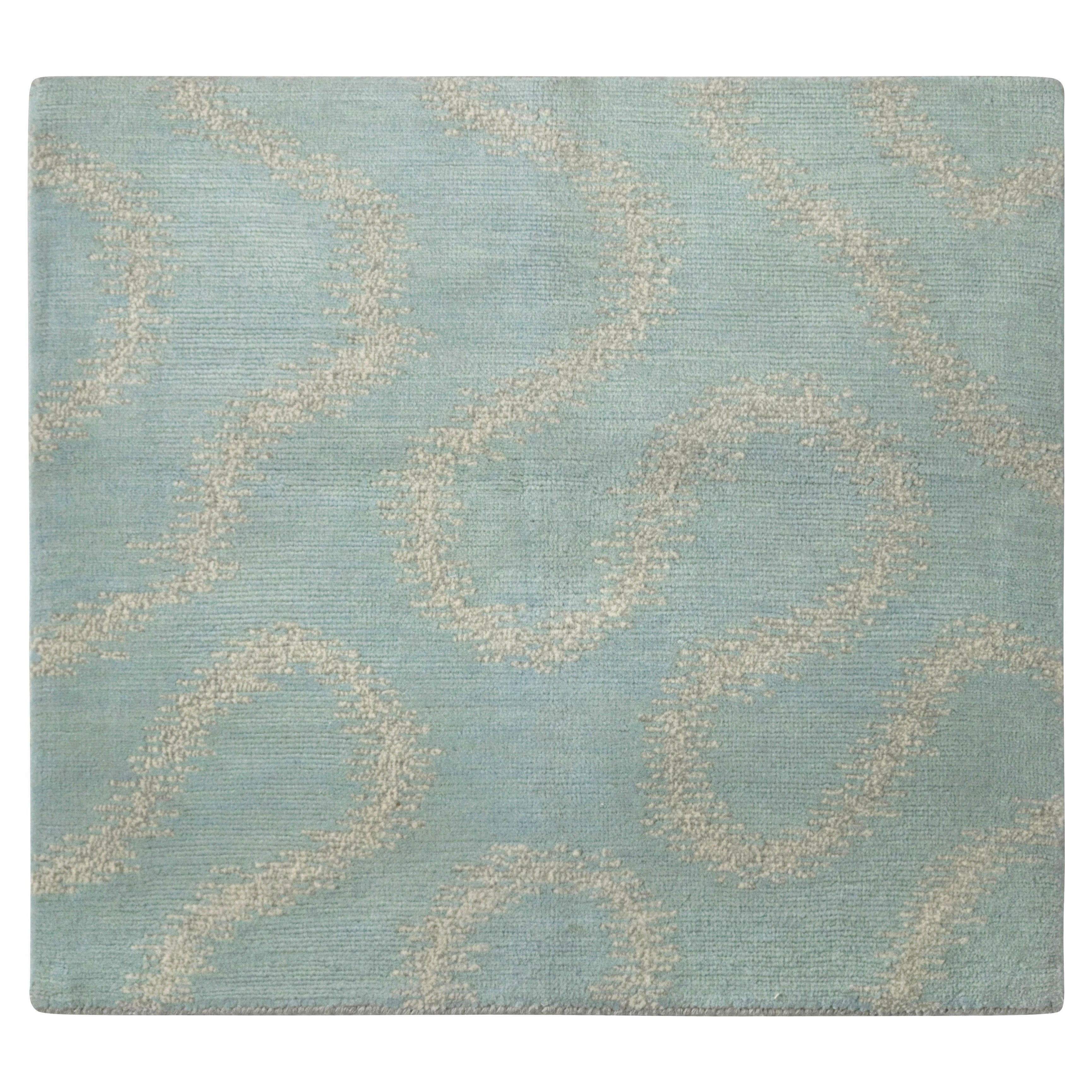 Rug & Kilim's Modern Custom Rug Sample, Blue with Beige Wavy Patterns For Sale