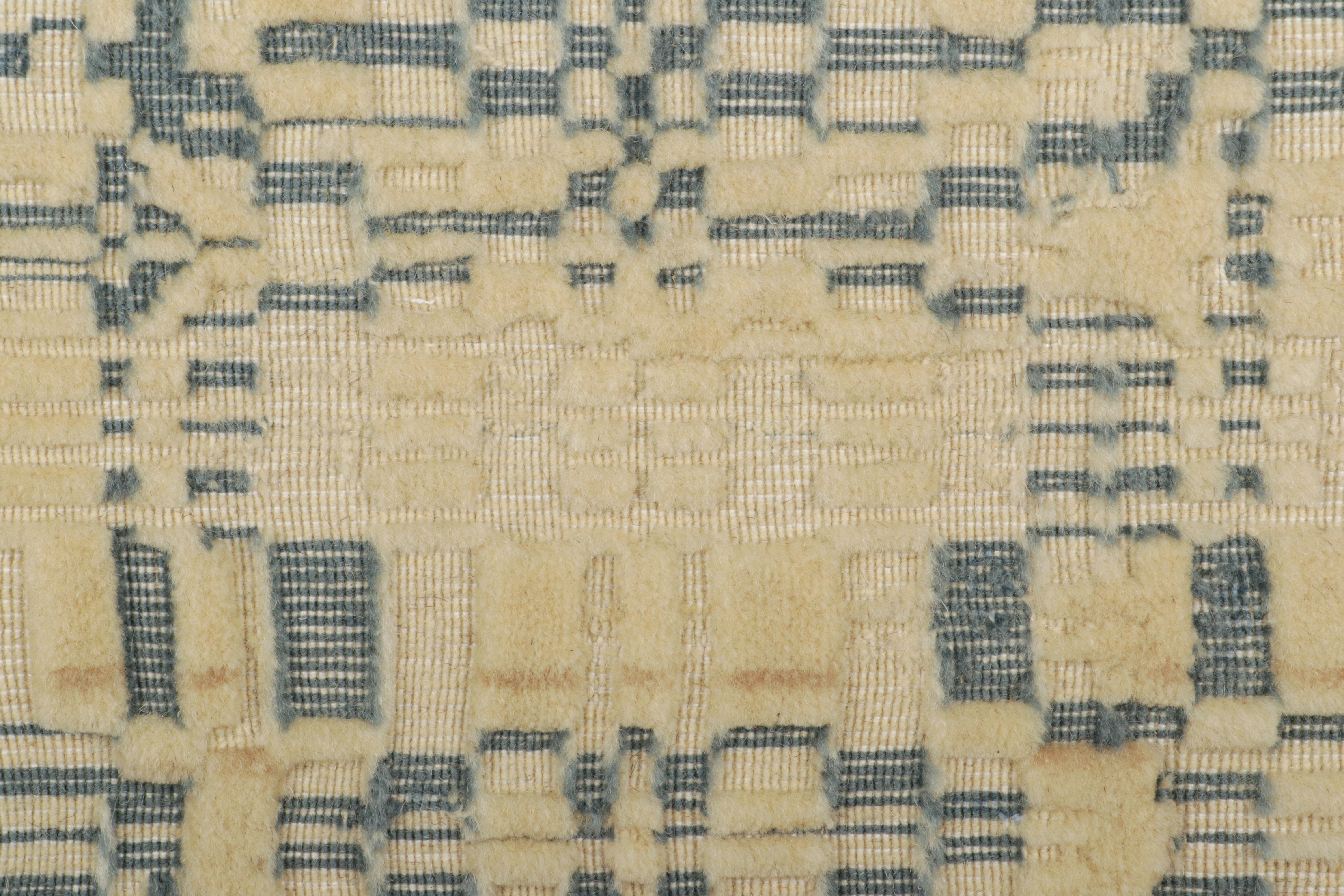 Indian Rug & Kilim’s Modern Custom Rug Sample, Cream White and Blue Geometric Pattern For Sale